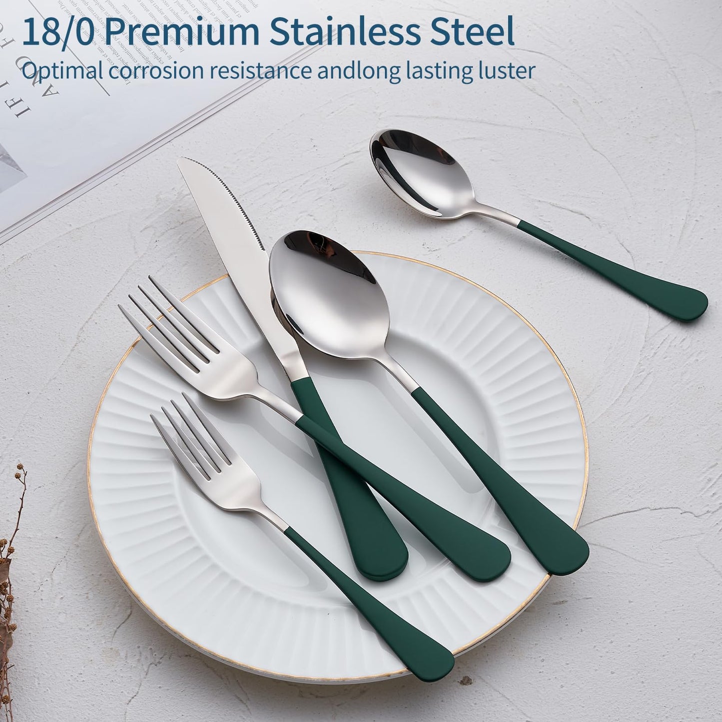 Green 20-Piece Silverware Set 18/0 Stainless Steel Flatware Green Handle Cutlery Set Service for 4 Dinner Knives Forks Spoons Set Mirror Finish Dishwasher Safe