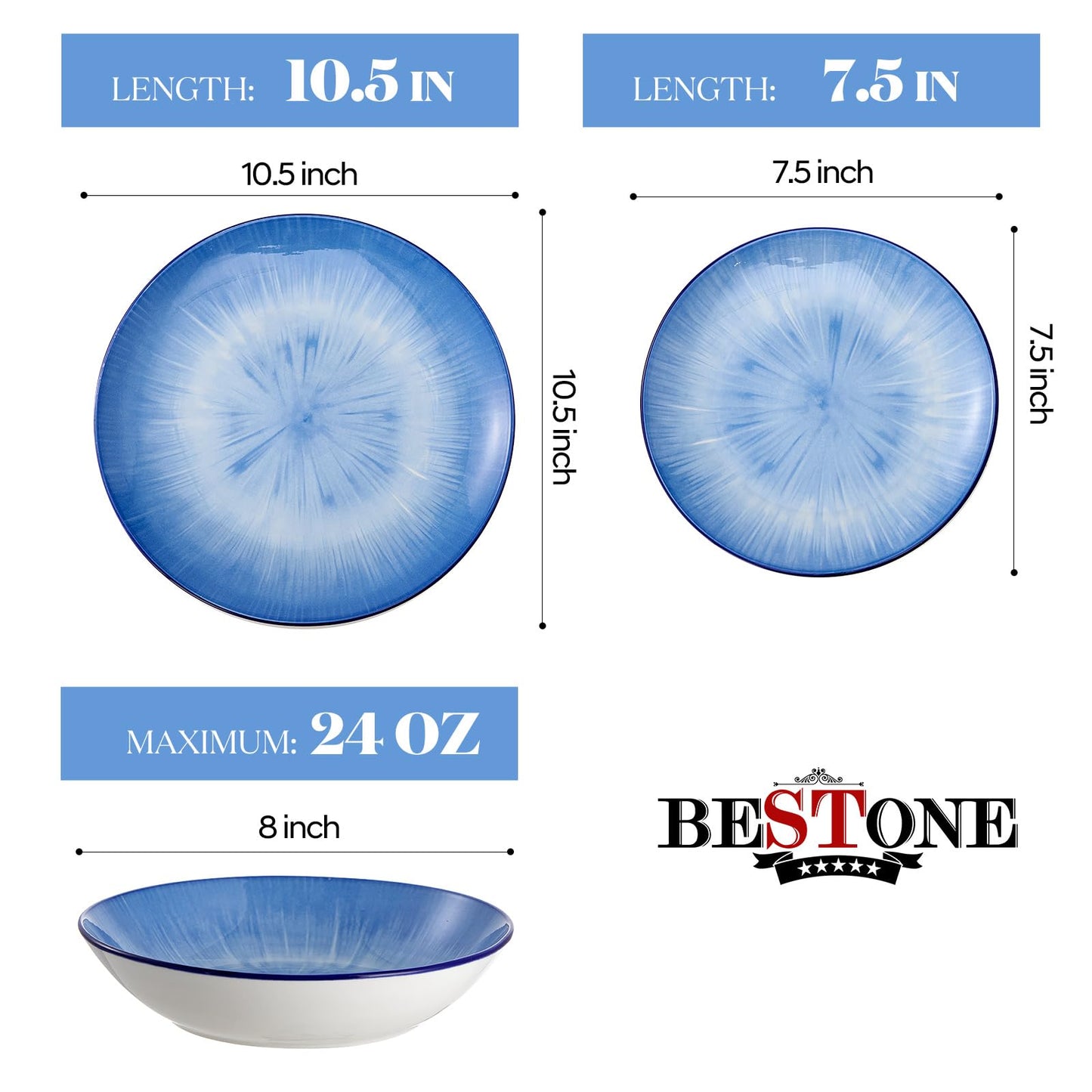 Bestone 12 Piece Round Kitchen Dinnerware Set,Plates and Bowls sets,Dishes, Plates, Bowls, Dish Set,Plates and Bowls,Service for 4, Chip Resistant Porcelain,Starburst Blue