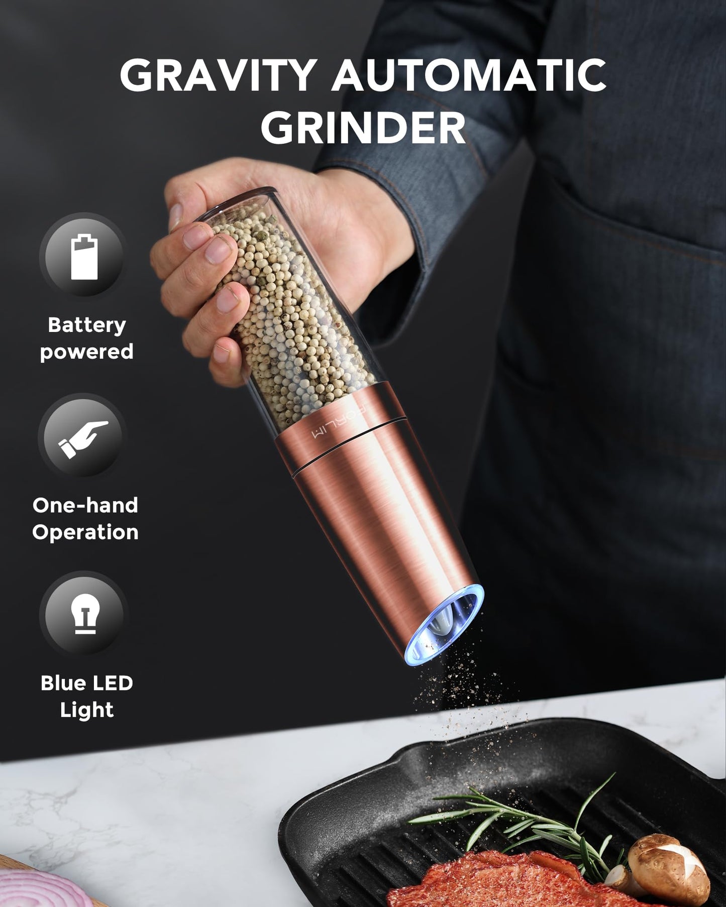 Upgraded 9 Oz. Capacity Electric Salt and Pepper Grinder Set, Battery Powered Salt Grinder Refillable, Automatic One Hand Operation Adjustable Coarseness, (Golden)