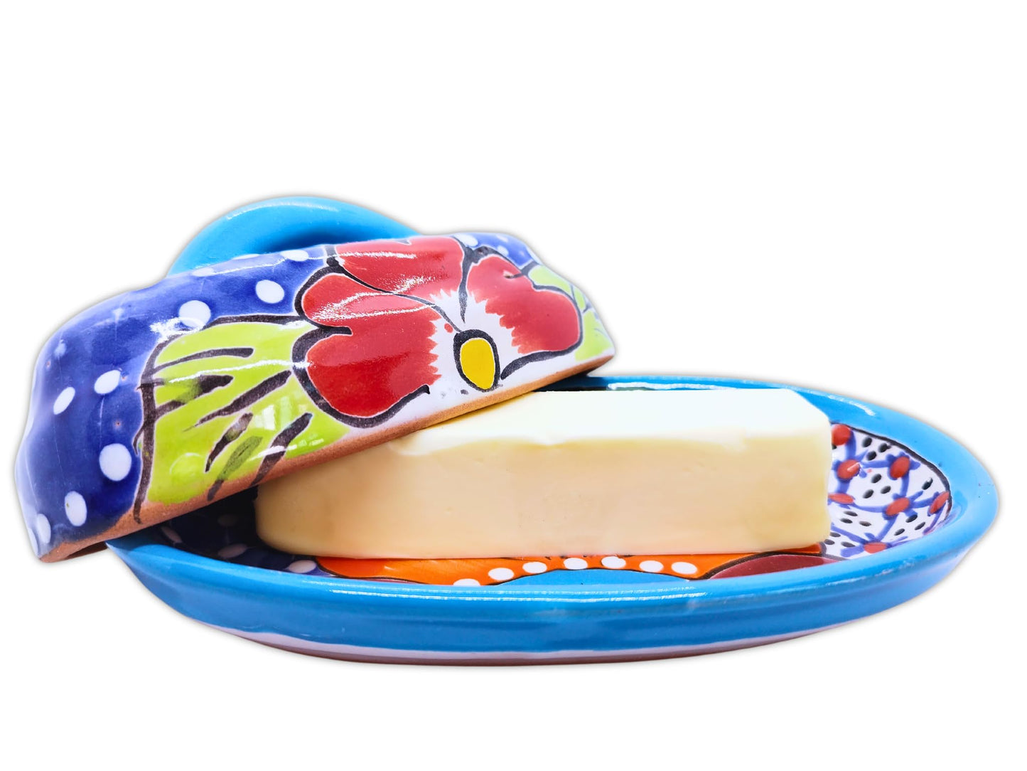 MEXTEQUIL - Butter Dish Ceramic Talavera with Lid Hand Painted Authentic Mexican Pottery Kitchen Floral Design (Aqua)