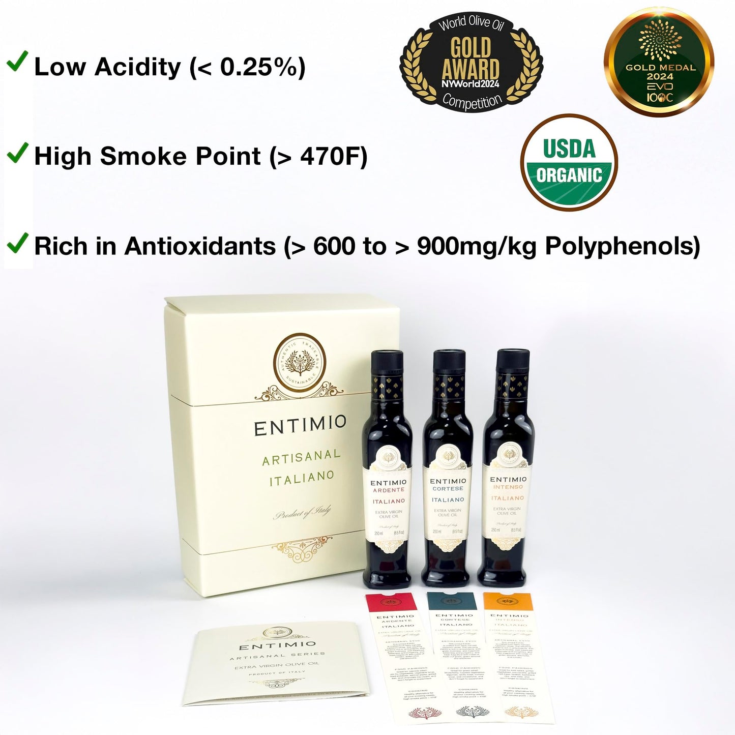 Entimio Collection +600 to +900 mg/kg Organic Extra Virgin Olive Oil Set, New 2024-2025 Early Harvest Italian Olive Oil from Italy, 2024 Gold Winner, Cold Extracted, Lab Tested - 25.5 (3 x 8.5) Fl. Oz.