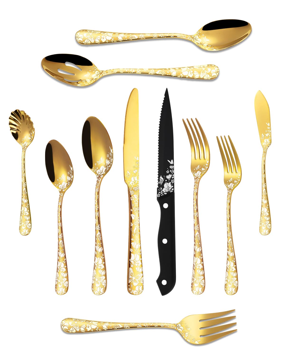Stapava 53-Piece Gold Silverware Set with Serving Utensils, Stainless Steel Gold Flatware Cutlery Set, Mirror Eating Utensils Tableware with Butterfly Flower Laser, Dishwasher Safe