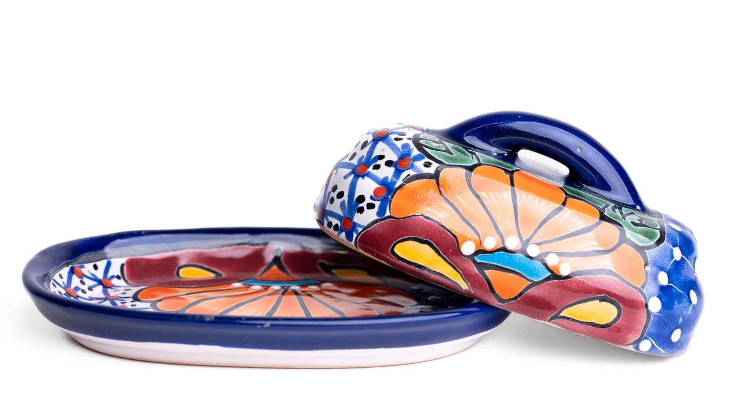 MEXTEQUIL - Butter Dish Ceramic Talavera with Lid Hand Painted Authentic Mexican Pottery Kitchen Floral Design (Blue)