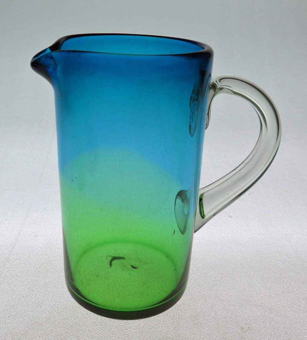 Mexican Glass Margarita or Juice Pitcher, Green and Turquoise Fade Design, Straight 64oz