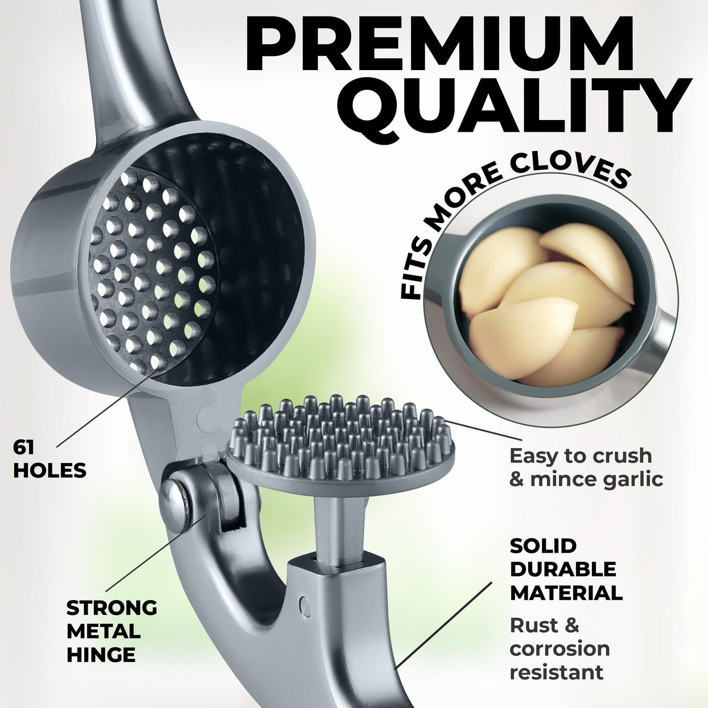 Zulay Kitchen Large Premium Garlic Press Set - Bigger Bowl for Bigger Garlic - Rust Proof & Dishwasher Safe Garlic Mincer Tool - Easy-Squeeze, Easy-Clean Silicone Garlic Peeler and Brush (Slate)