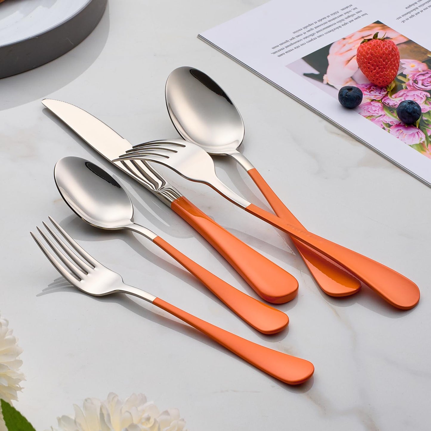 Tangerine 20-Piece Silverware Set 18/0 Stainless Steel Flatware Orange Handle Cutlery Set Service for 4 Dinner Knives Forks Spoons Set Mirror Finish Dishwasher Safe