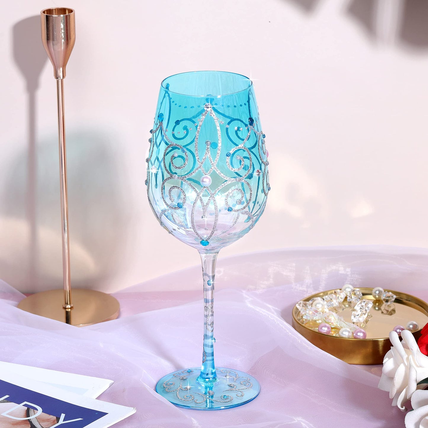 NymphFable Colorful Wine Glass Blue Princess Artisan Painted 15oz Personalised Gift for Birthdays Valentine's Day