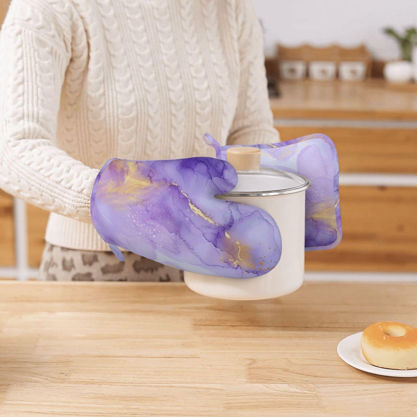 Oven Mitts and Pot Holders Pastel Purple Marble Silicone Kitchen Accessories Set of 4 Heat Resistant Long Gloves Potholder Non-Slip Grip for Chef Cooking Baking Grilling BBQ