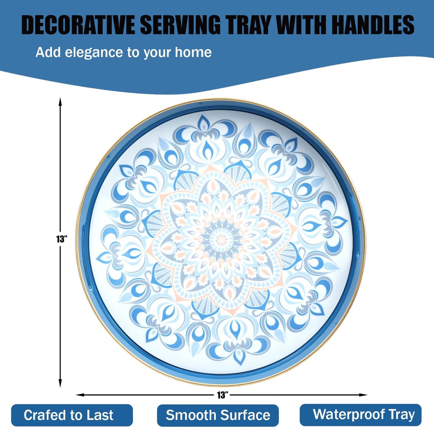 Round Blue Decorative Tray for Coffee Table, Ottoman, 13” Plastic Serving Platter Tray with Handles for Entertaining, Living Room