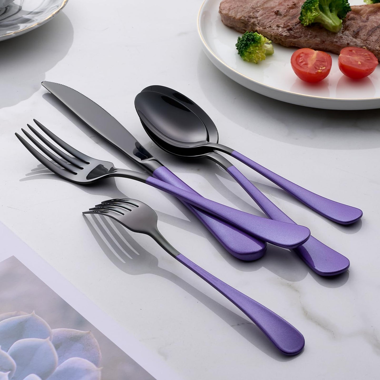 Black and Purple 20-Piece Silverware Set 18/0 Stainless Steel Flatware Purple Handle Cutlery Set Service for 4 Dinner Knives Forks Spoons Set Mirror Finish Dishwasher Safe