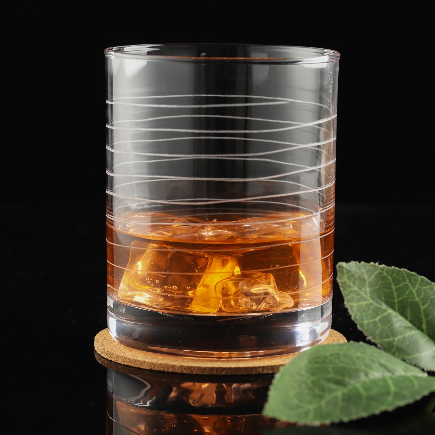 Joeyan Hand Blown Etched Whiskey Glasses,Old Fashioned Tumblers with Stripes Dots Pattern,Clear Carved Rocks Glasses,Scotch Bourbon Glassware for Party Anniversary,13.5 oz,Set of 4,Dishwasher Safe