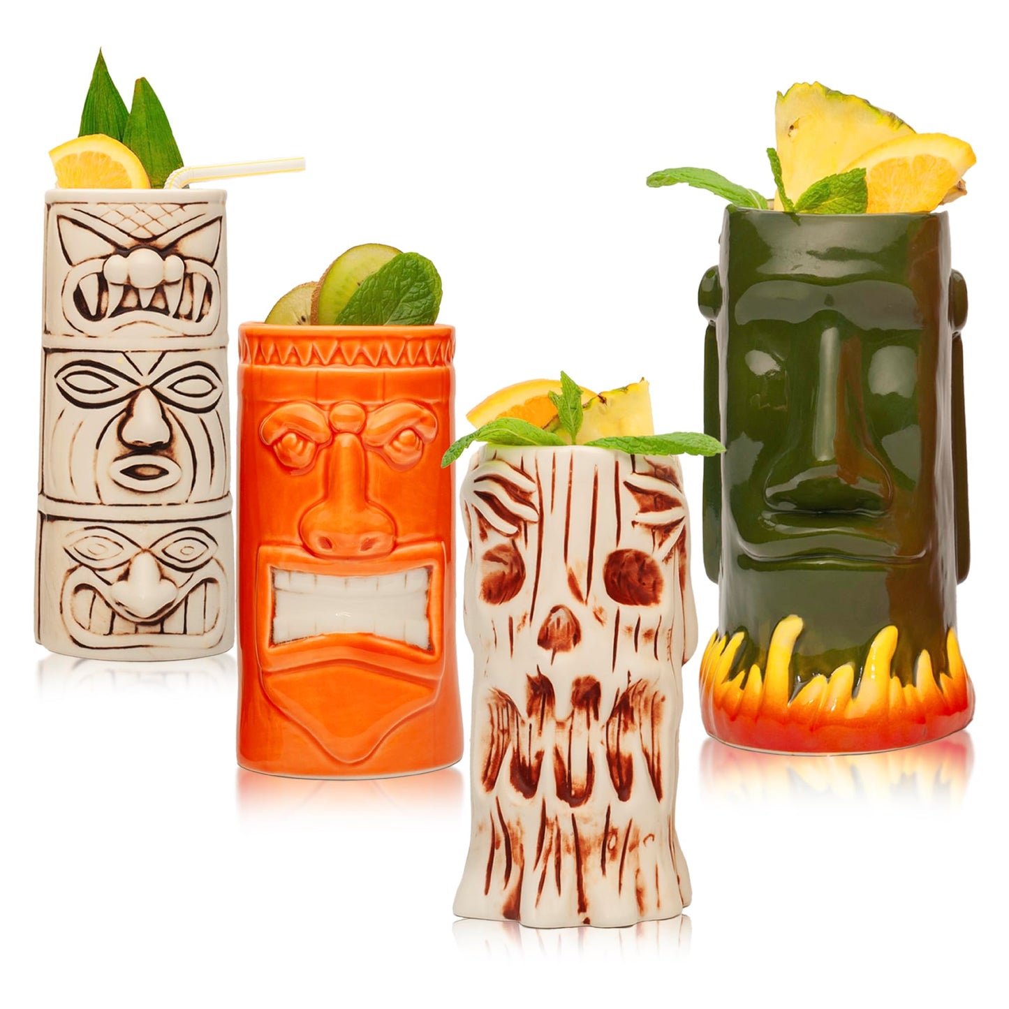 LEMONSODA Hard-Carved and Hand-Painted Tiki Mugs - Set of 8 - Ceramic Hawaiian Luau Party Mugs Drinkware, Cute Exotic Cocktail Glasses, Tiki Bar Hawaiian Party Barware - 18-23.5oz