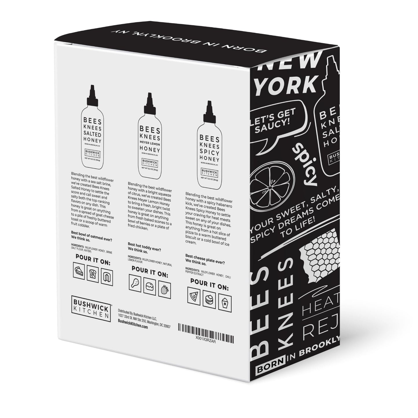 Bushwick Kitchen Bees Knees Honey Sampler Gift Box, Set Includes Spicy Honey, Meyer Lemon Honey, Salted Honey Sauces, Honey Inspired Recipes, Bushwick Kitchen Tea Towel, and Ready-to-Gift Box
