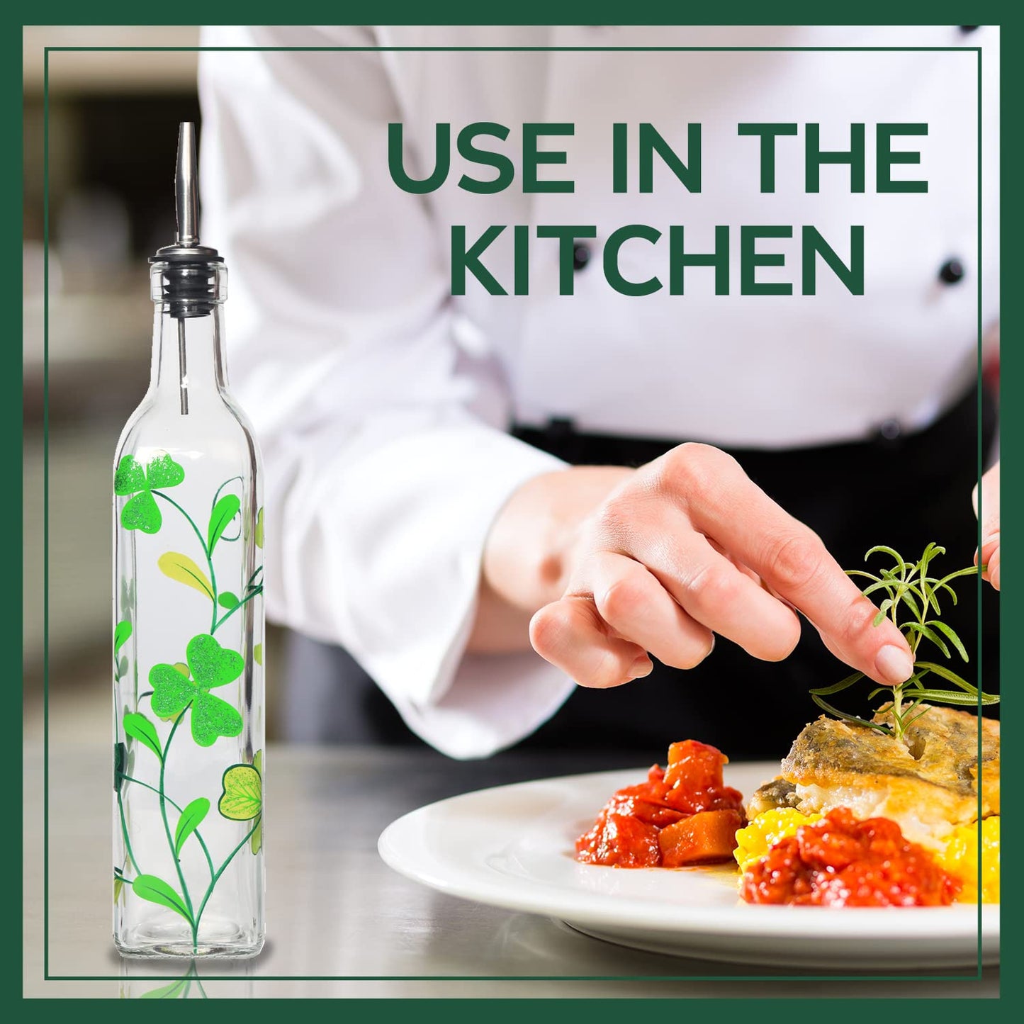 YIYUKODO 17oz Hand Painted Glass Olive Oil Bottle - 500ml Green Oil & Vinegar Cruet with Pourers - Olive Oil Carafe Decanter for Kitchen (Shamrock)
