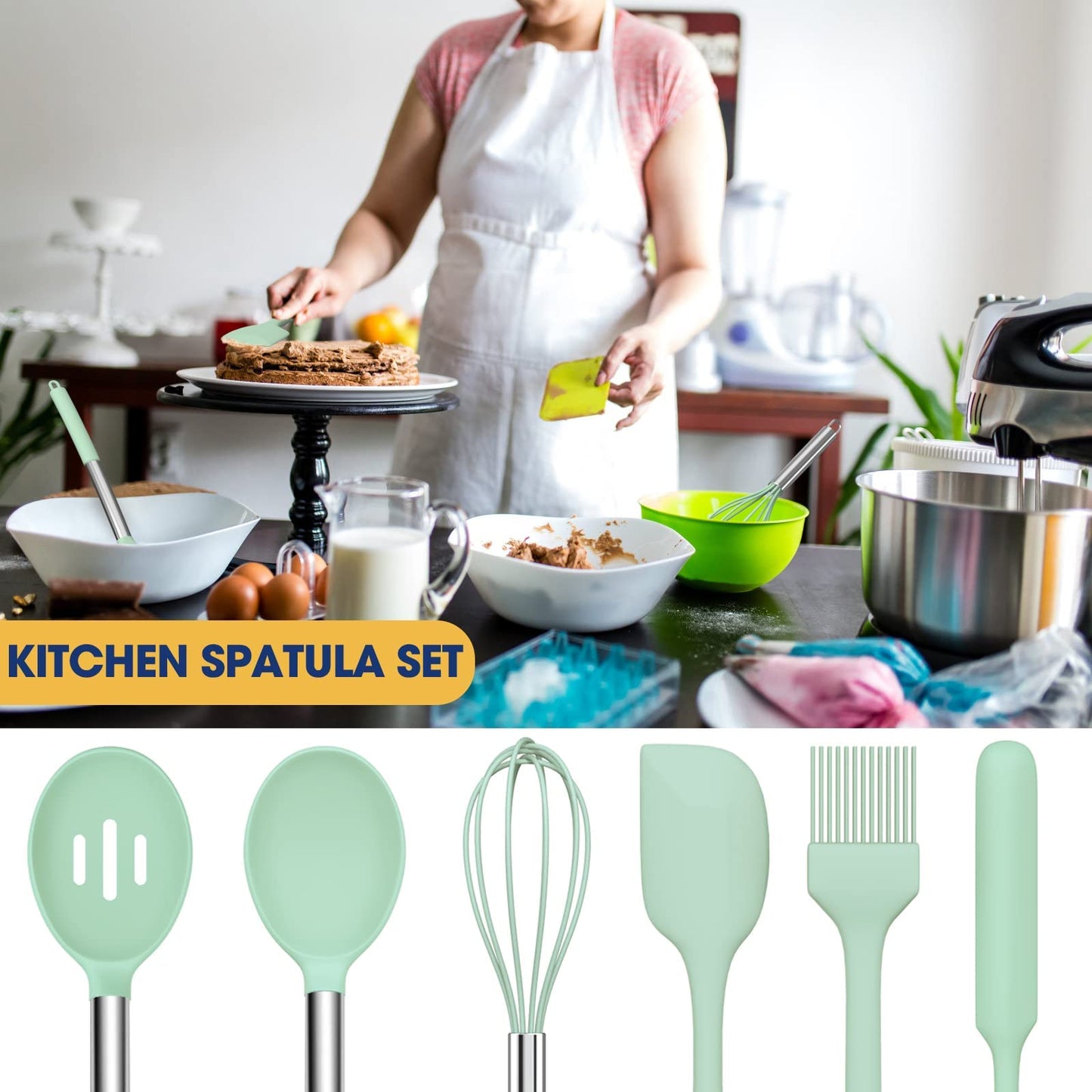 Green 24-Piece Silicone Cooking Utensil Set, Fungun Non-stick Kitchen Utensil 24 Pcs Cooking Utensils Set, Heat Resistant Cookware, Silicone Kitchen Tools Gift with Stainless Steel Handle (Green-24pcs)