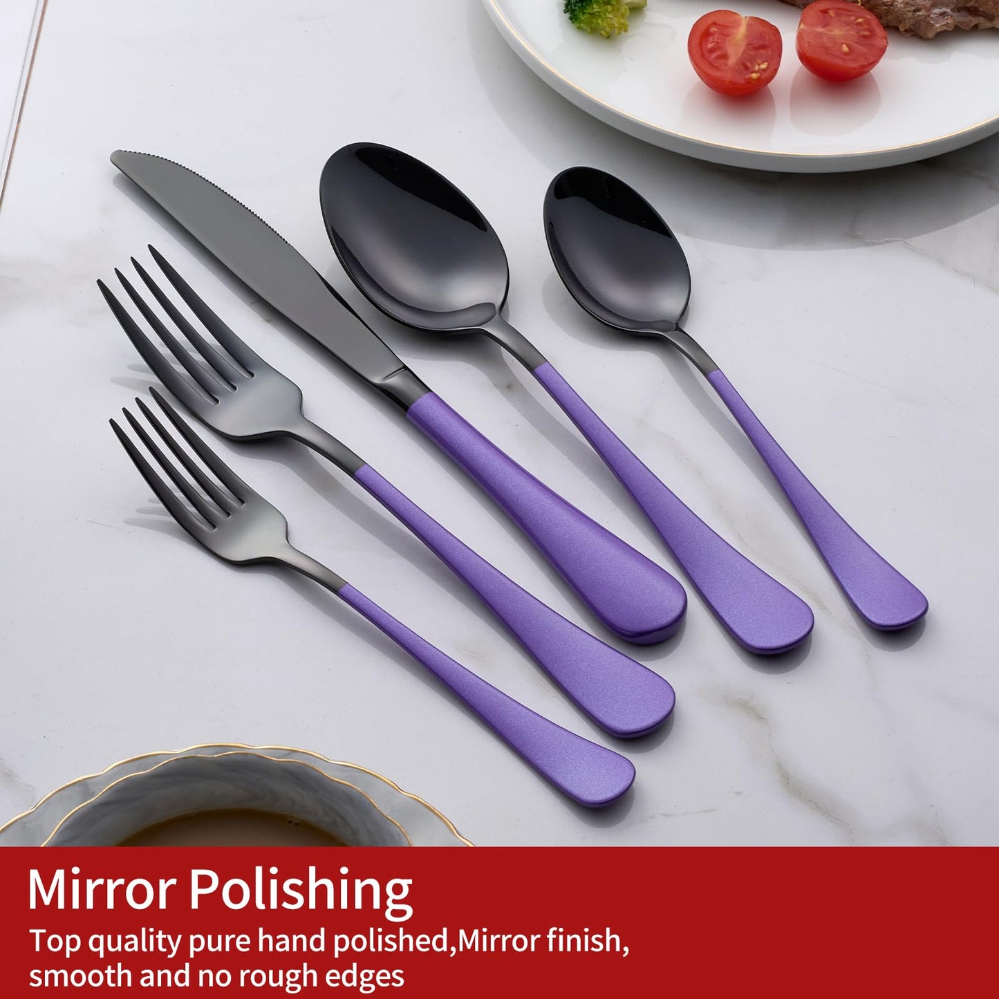 Black and Purple 20-Piece Silverware Set 18/0 Stainless Steel Flatware Purple Handle Cutlery Set Service for 4 Dinner Knives Forks Spoons Set Mirror Finish Dishwasher Safe