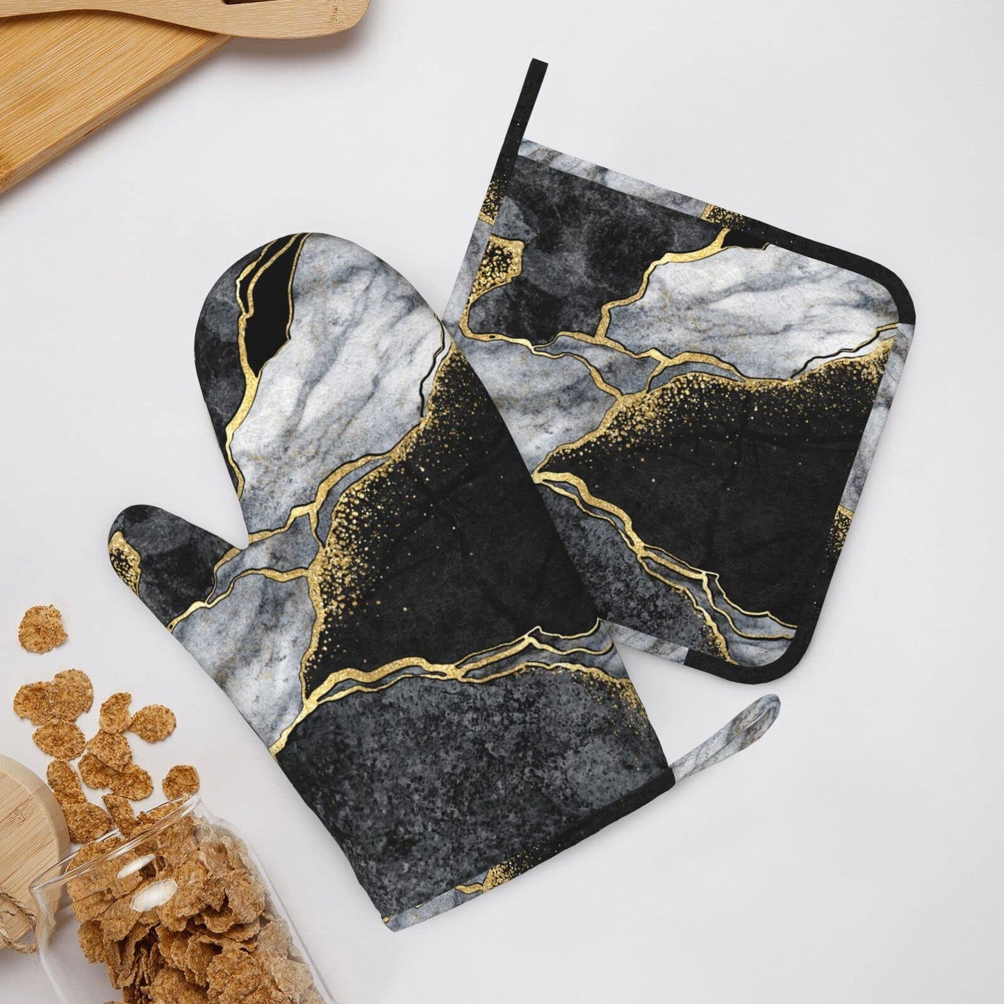 Oven Mitts and Pot Holders Marble Black Gray Gold Silicone Kitchen Accessories Set of 4, Heat-Resistant Long Gloves Potholder Non-Slip Grip for Chef, Cooking, Baking, Grilling, BBQ
