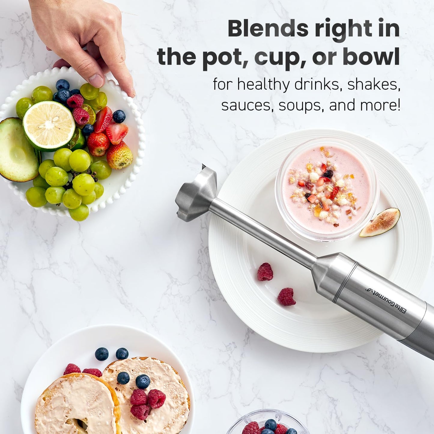 Elite Gourmet EHB1324 Cordless, Rechargeable Hand Blender, Variable 5-Speed Blending, One-Touch Power Button & Safety Lock, Stainless Steel Blades, Portable, Sauces, Soup, Smoothies, Baby Food, Gray