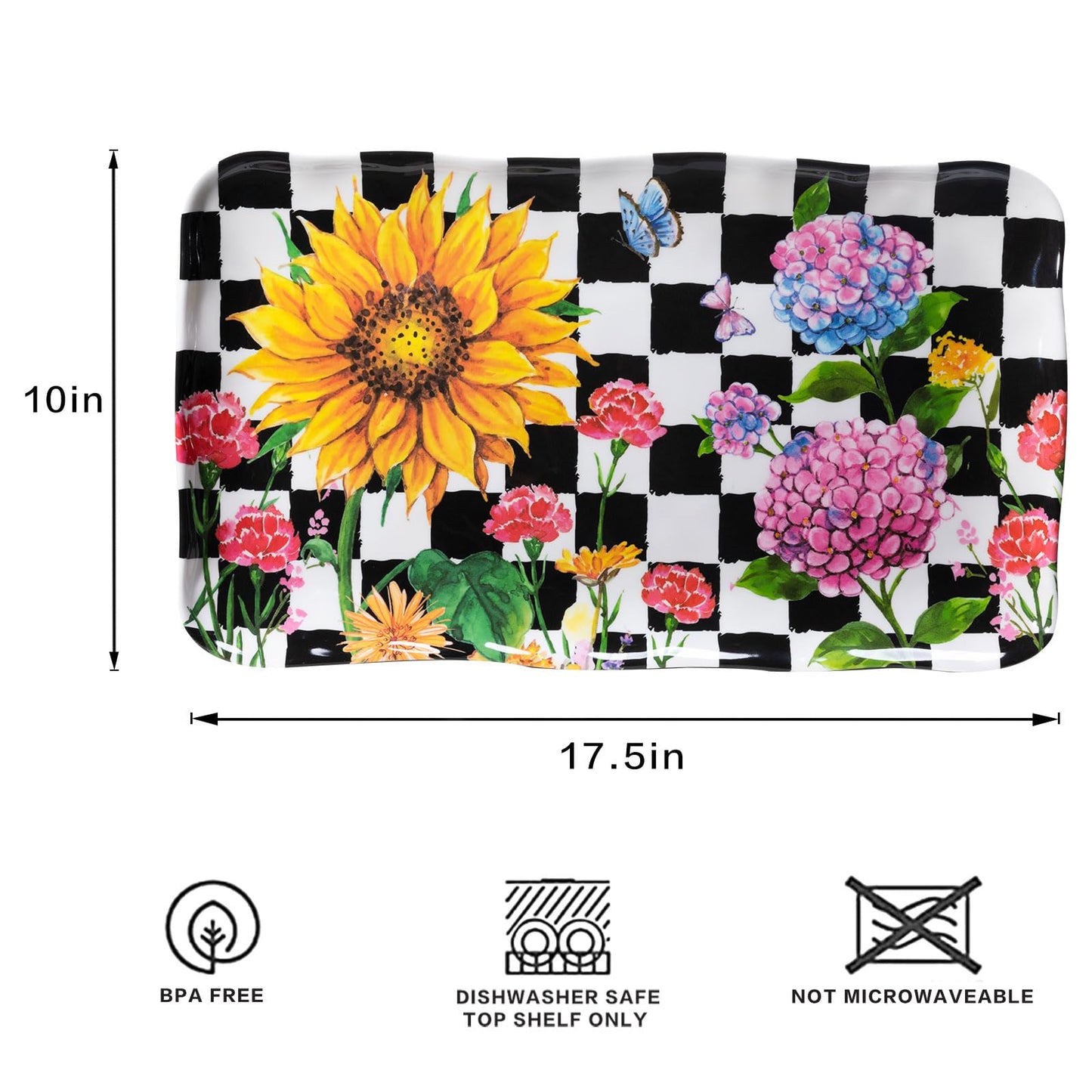 Black Plaid and Floral Rectangular Melamine Sunflower Serving Tray, 2-Piece Hydrangea Serving Platter Set, 17.5" x 10" Colorful Trays/Platters Sets for Outdoor and Indoor Dining and Entertaining Parties, Black Plaid