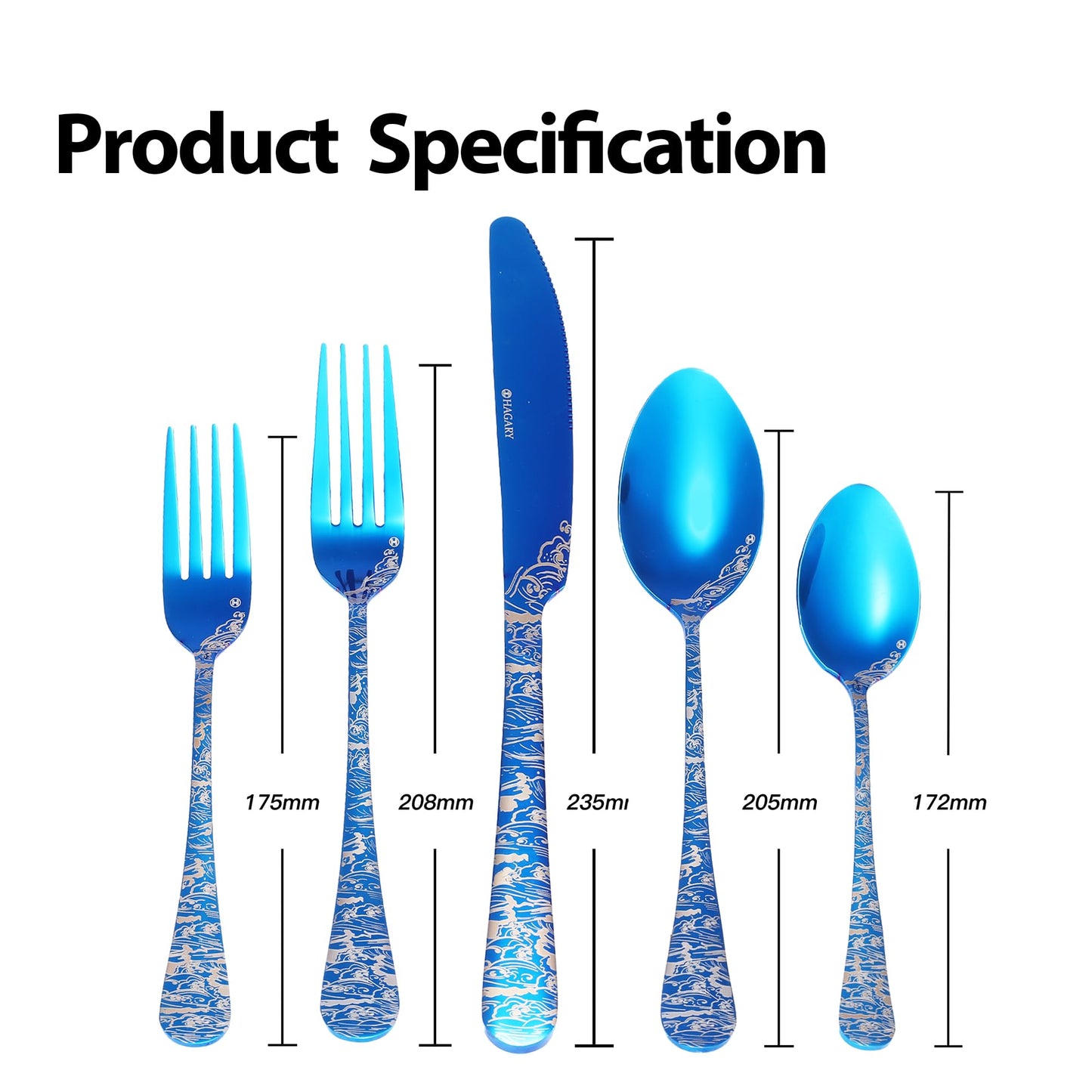 Blue Wave Cutlery Set - 20 Pieces of Stainless Steel Flatware Set Service for 4 Utensils For Home Kitchen Wedding Laser Engraved Dishwasher Safe All Blue
