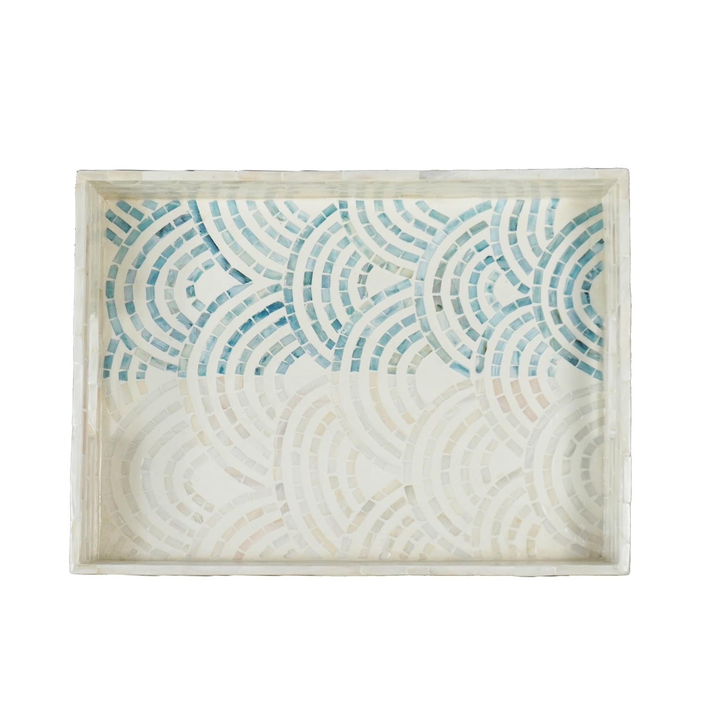 Striking Mother of Pearl Rectangular Serving Tray Nacre Wood Lap Ottoman Tray for Coffee Table, Luxury Decorative Handmade Eating Platters w Insert Handles (Blue Wave)