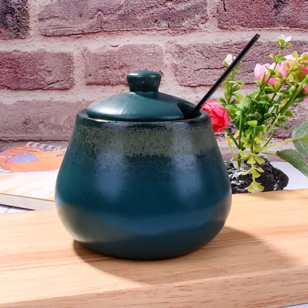 BOSILI Green Ceramic Sugar Bowls with Spoon Porcelain Salt Container with Lid for Home and Kitchen