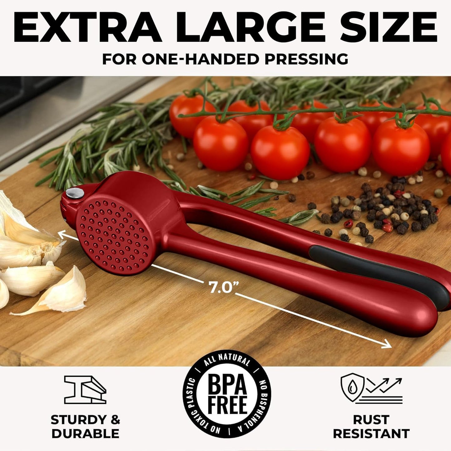 Zulay Kitchen Large Premium Garlic Press Set - Bigger Bowl for Bigger Garlic - Rust Proof and Dishwasher Safe Garlic Mincer Tool - Easy-Squeeze, Easy-Clean Silicone Garlic Peeler and Brush (Red)