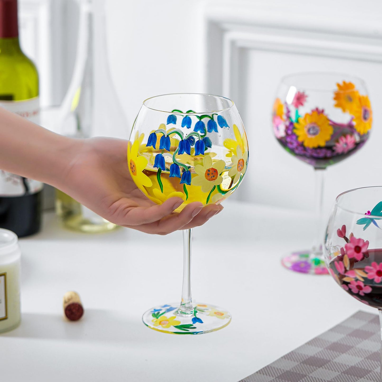 Hand-Painted Wine Glasses, Colorful Watercolor Flowers Artisan Painted, 20 Oz. Mixed Set of 4 Personalized Artisan Painted Different Flowers