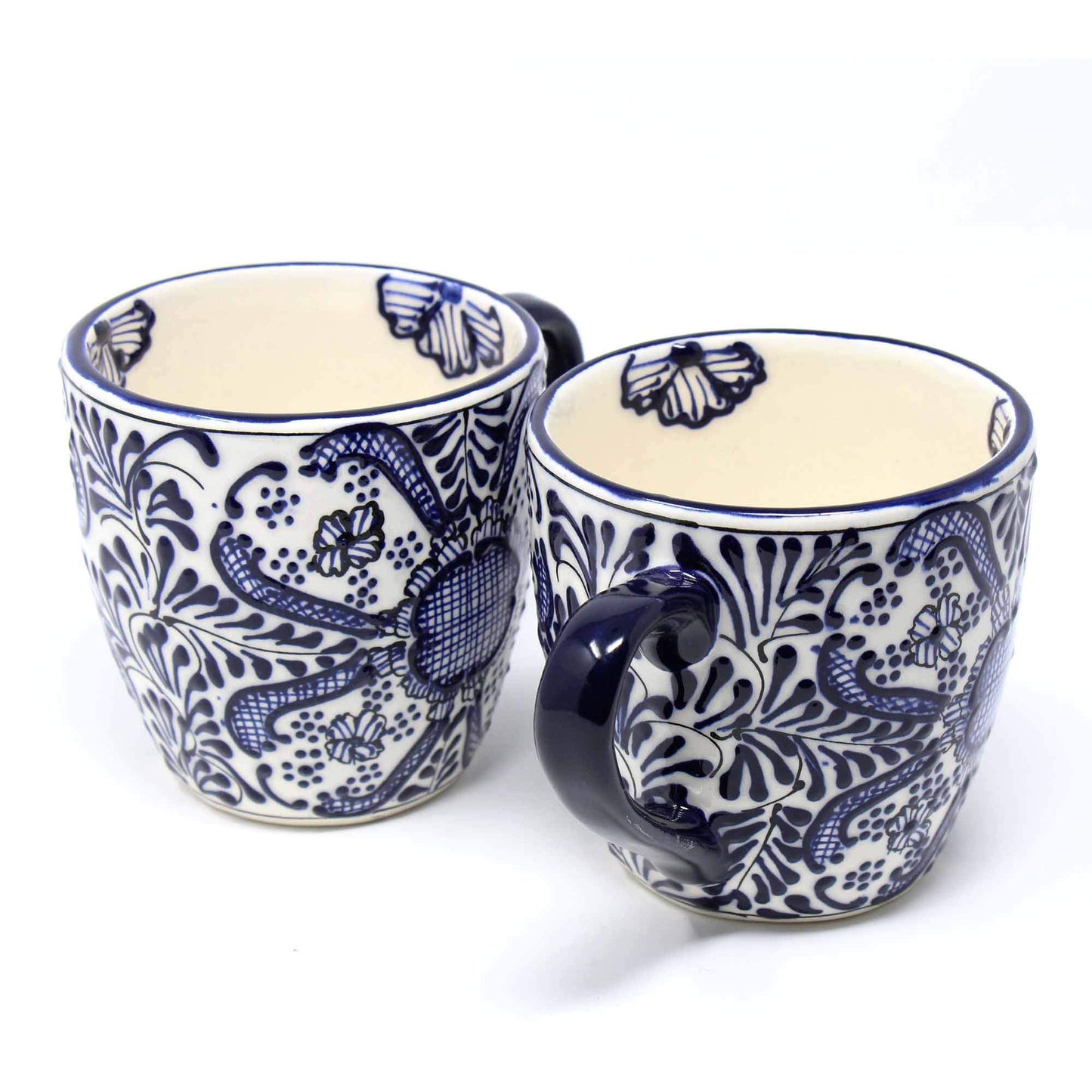 Global Crafts Encantada Handmade Hand-Painted Authentic Mexican Pottery Mugs (Cobalt Blue Flower X2)