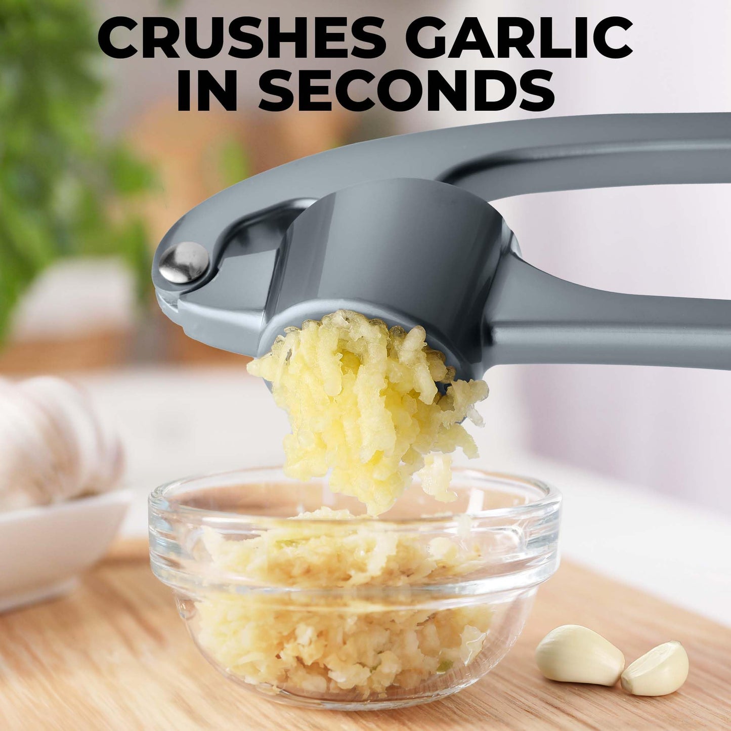 Zulay Kitchen Large Premium Garlic Press Set - Bigger Bowl for Bigger Garlic - Rust Proof & Dishwasher Safe Garlic Mincer Tool - Easy-Squeeze, Easy-Clean Silicone Garlic Peeler and Brush (Slate)