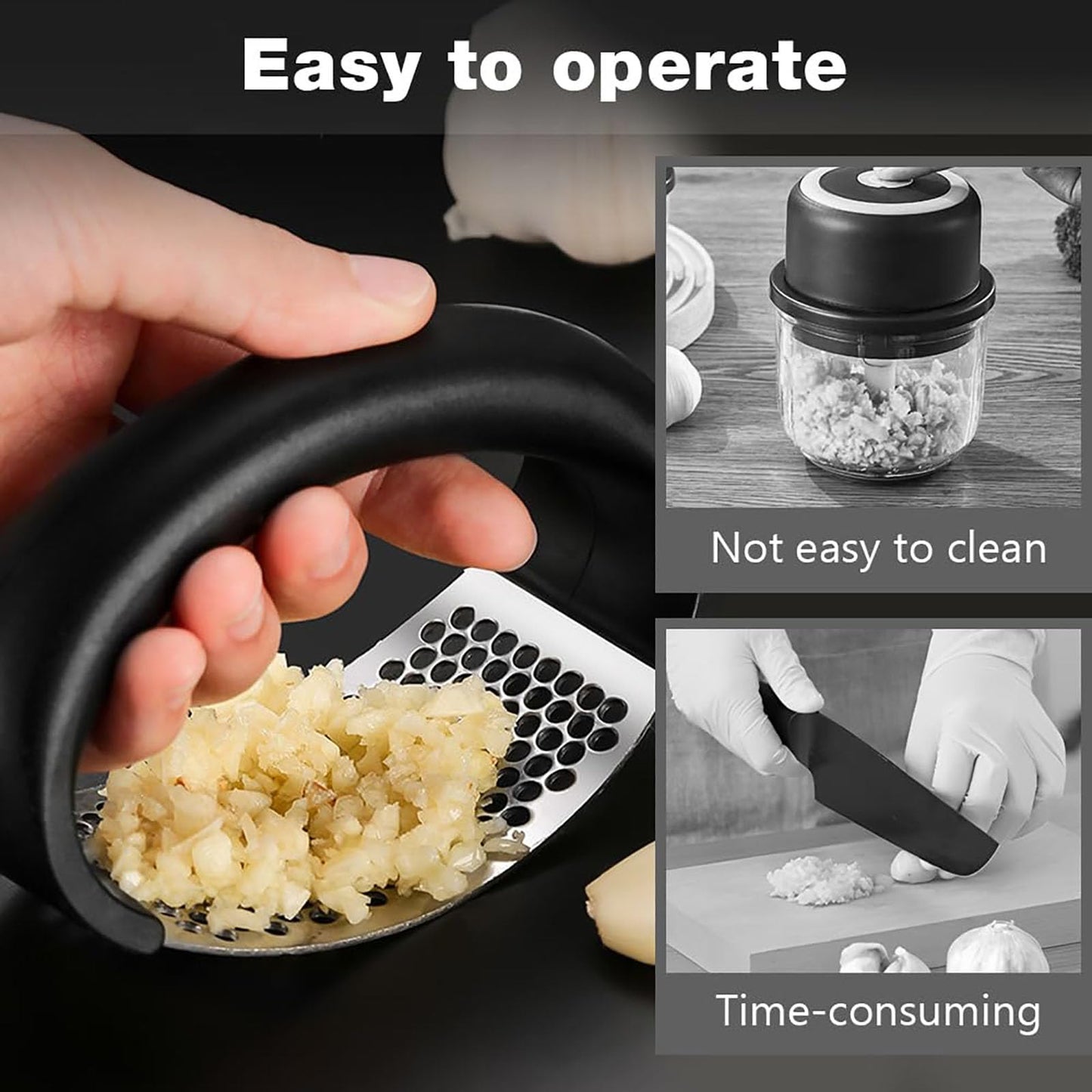 Garlic Mincer Tool, Stainless Steel Garlic Presser, Garlic Crusher with Onion Holder for Slicing, Garlic Chopper Mincer Crusher Grinder Masher with Shred Silk The Knife (Black, with Long Onion Fork)