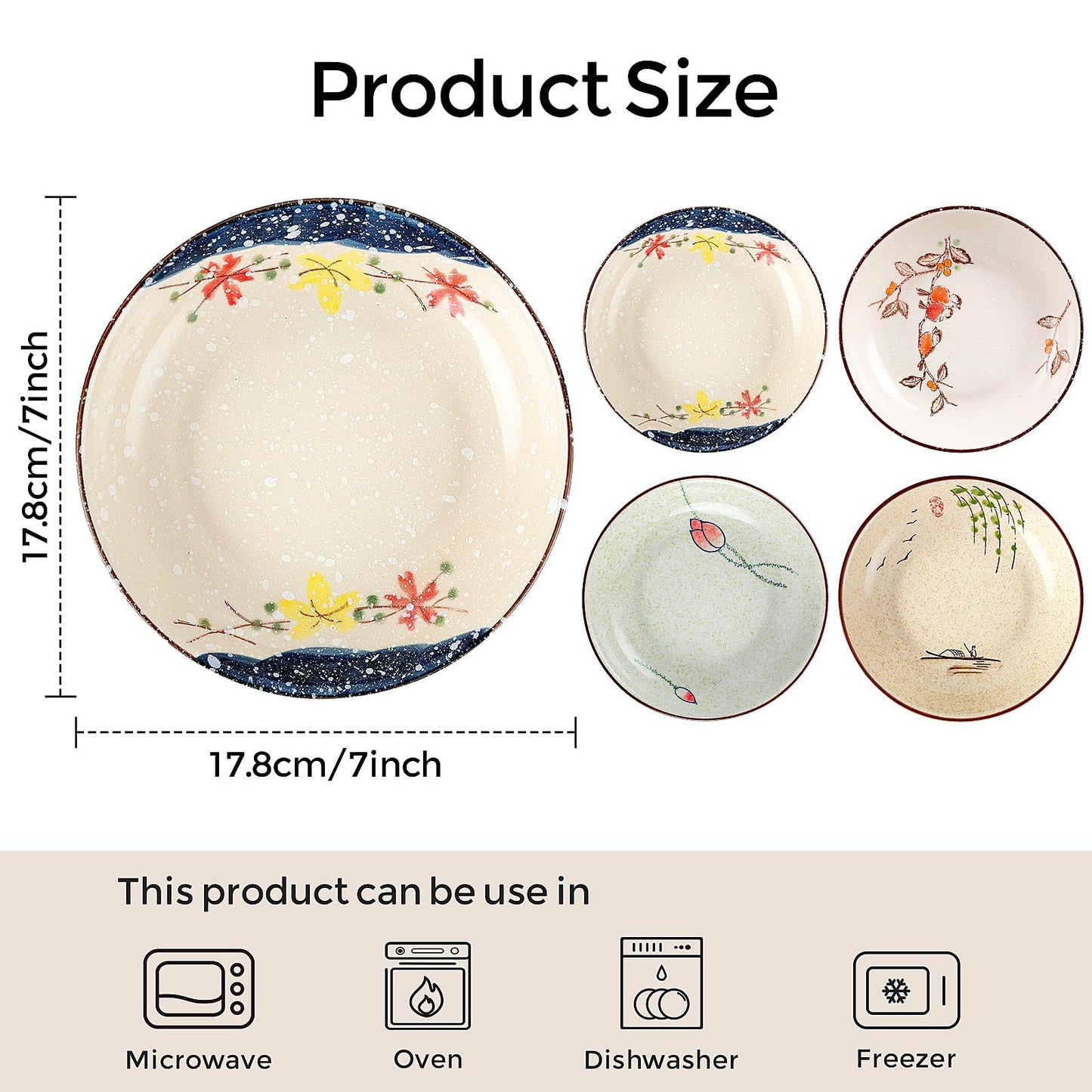 clothmile 7 Inch Japanese Retro Ceramic Dinner Plates Set of 4 Japanese Style Plates Asian Chinese Plates for Cereal, Soup, Dessert, Snack, Fruit, Salsa for Christmas Holiday Present