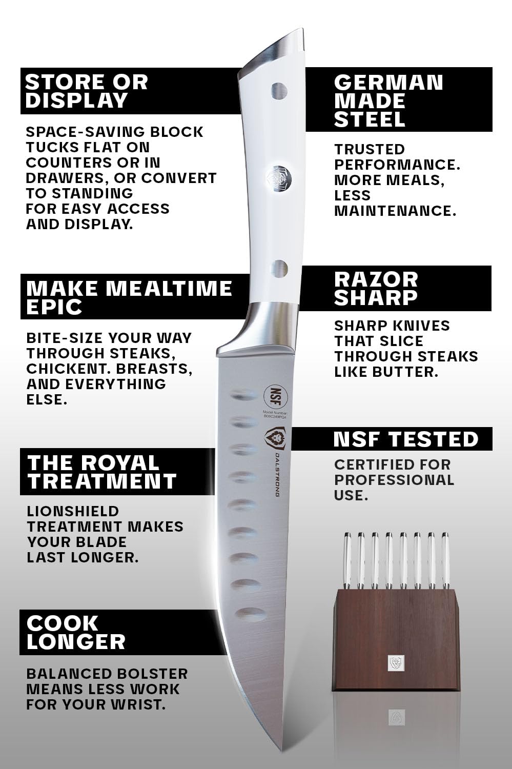 Dalstrong Steak Knife Set with Folding Block - 8-Piece - Gladiator Series - 5" Straight Edge Blade - Forged High-Carbon German Steel - w/Modular Storage Block - Glacial White ABS Handle - NSF Certified