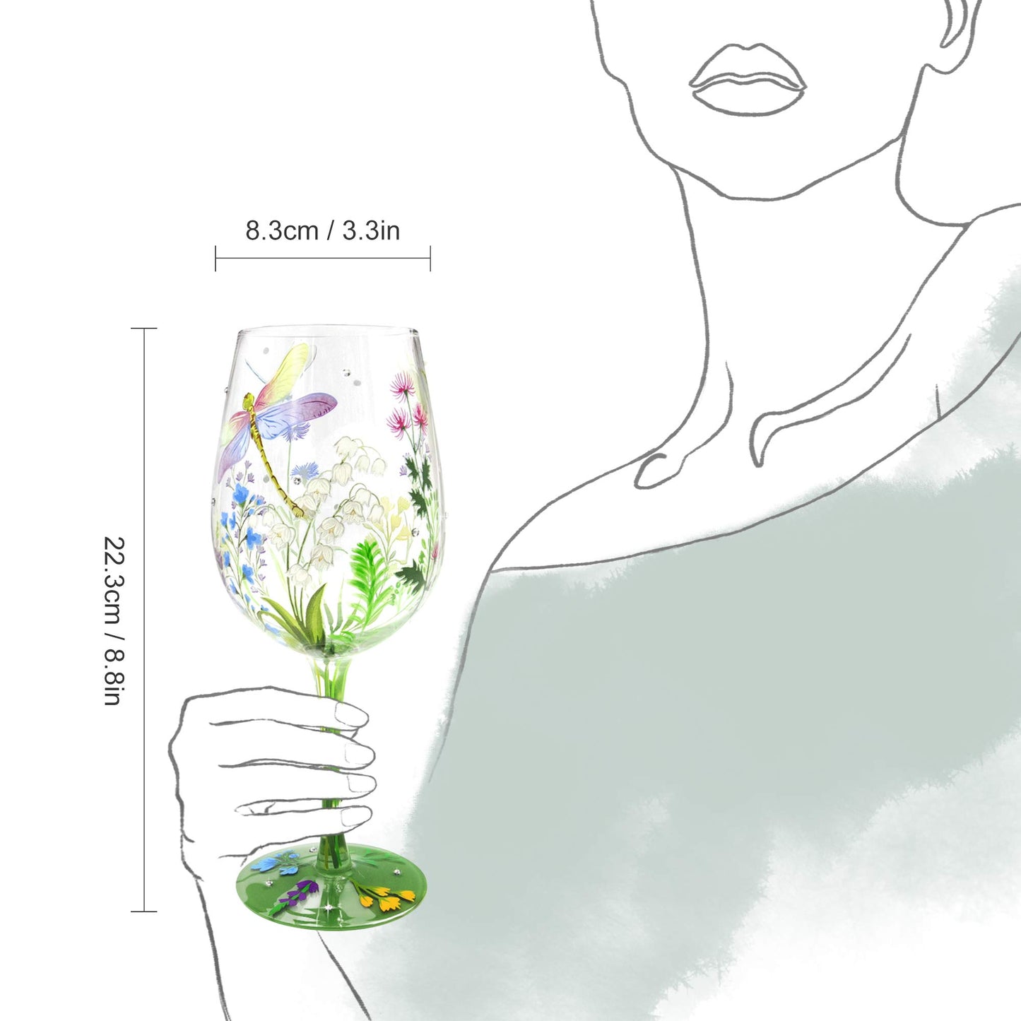 NymphFable Hand Painted Wine Glass Colorful Dragonfly Flower Artisan Painted 15 oz Glass Novelty Gift for Birthdays,Weddings,Valentine's Day