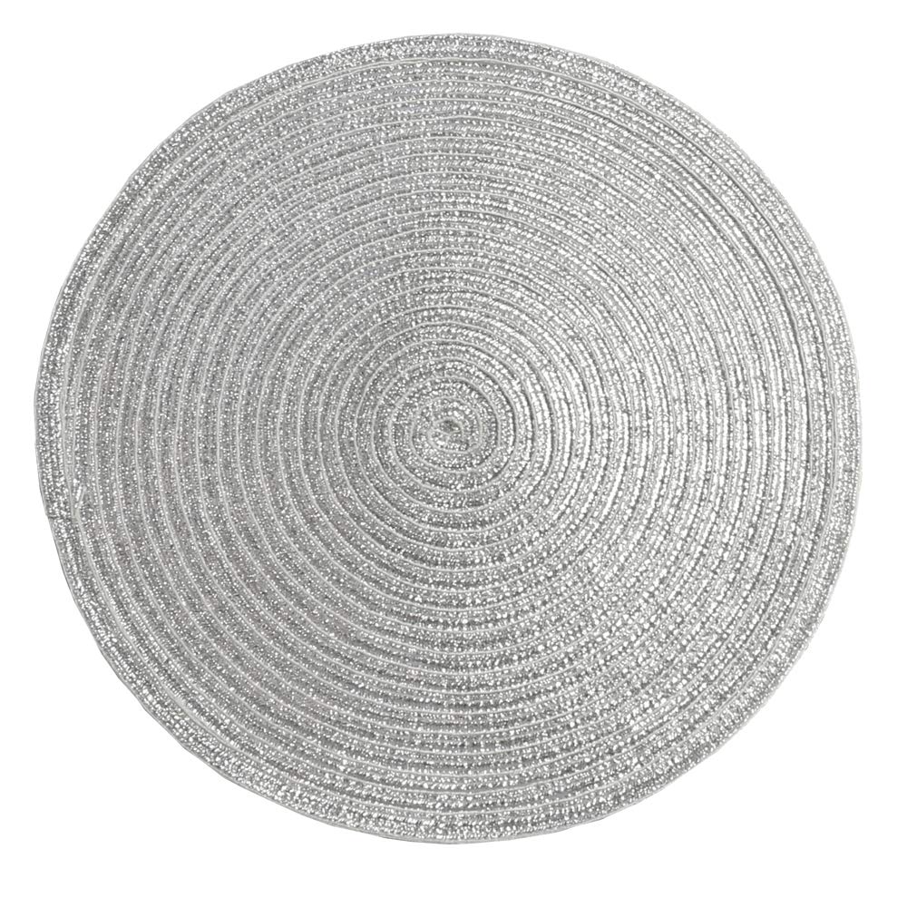 SHACOS Glitter Round Braided Placemats Set of 6 Sparkle Bling Placemats Glitz Table Mats for Home Holiday Party Wedding Festive Table Decoration (6, Silver)