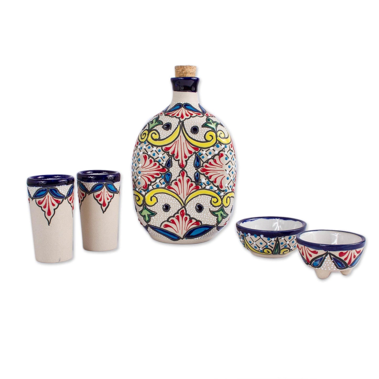 NOVICA Artisan Handmade Ceramic Tequila Talaverastyle from Mexico Multicolor Tableware Drinkware Glasses Shot Hacienda Painted 'Talavera Beverage' (5-Piece Set)