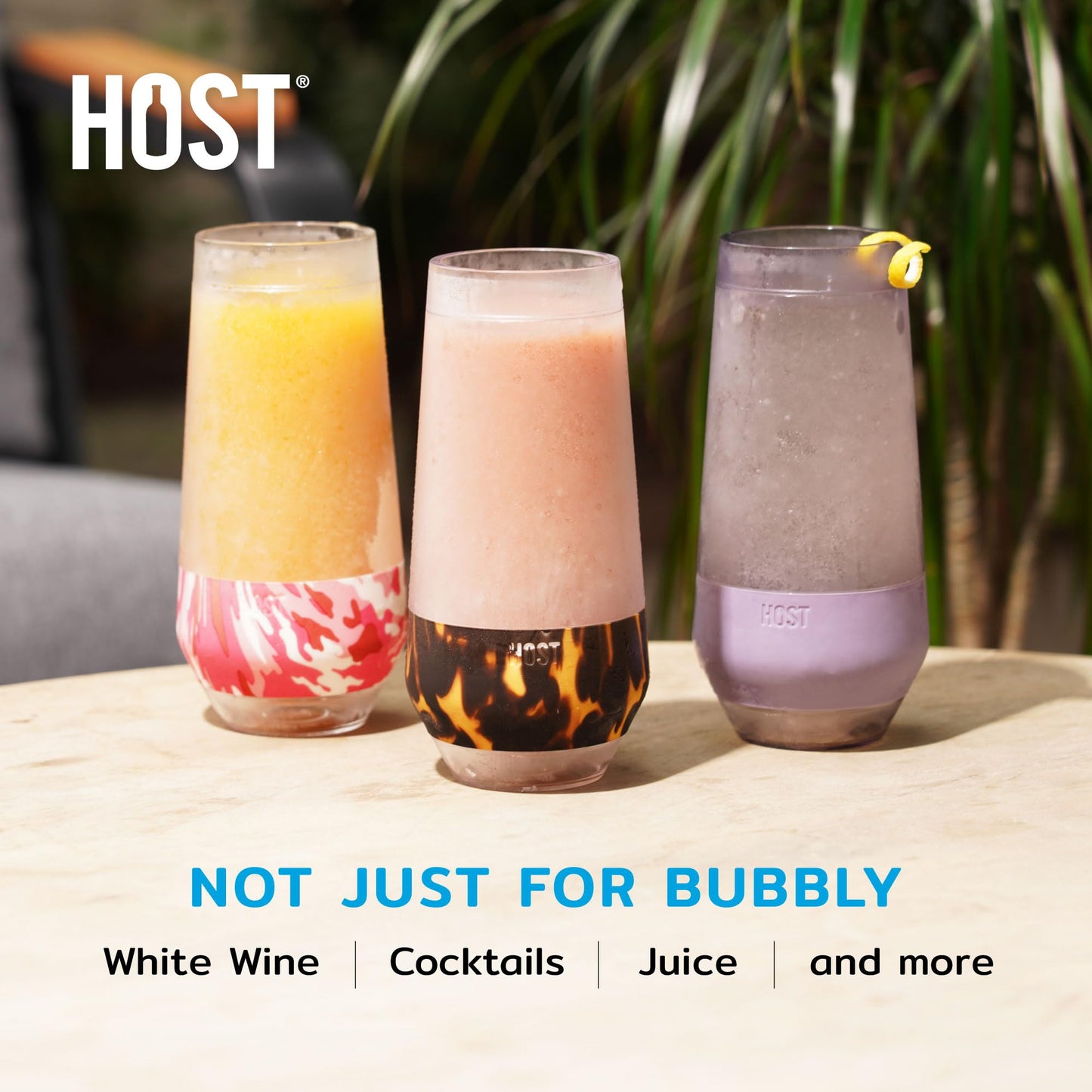 Host Champagne Freeze, Double-Walled Stemless Wine Glasses Freezer Cups with Active Cooling Gel and Insulated Silicone Grip, 9oz, Set of 4, Glitter