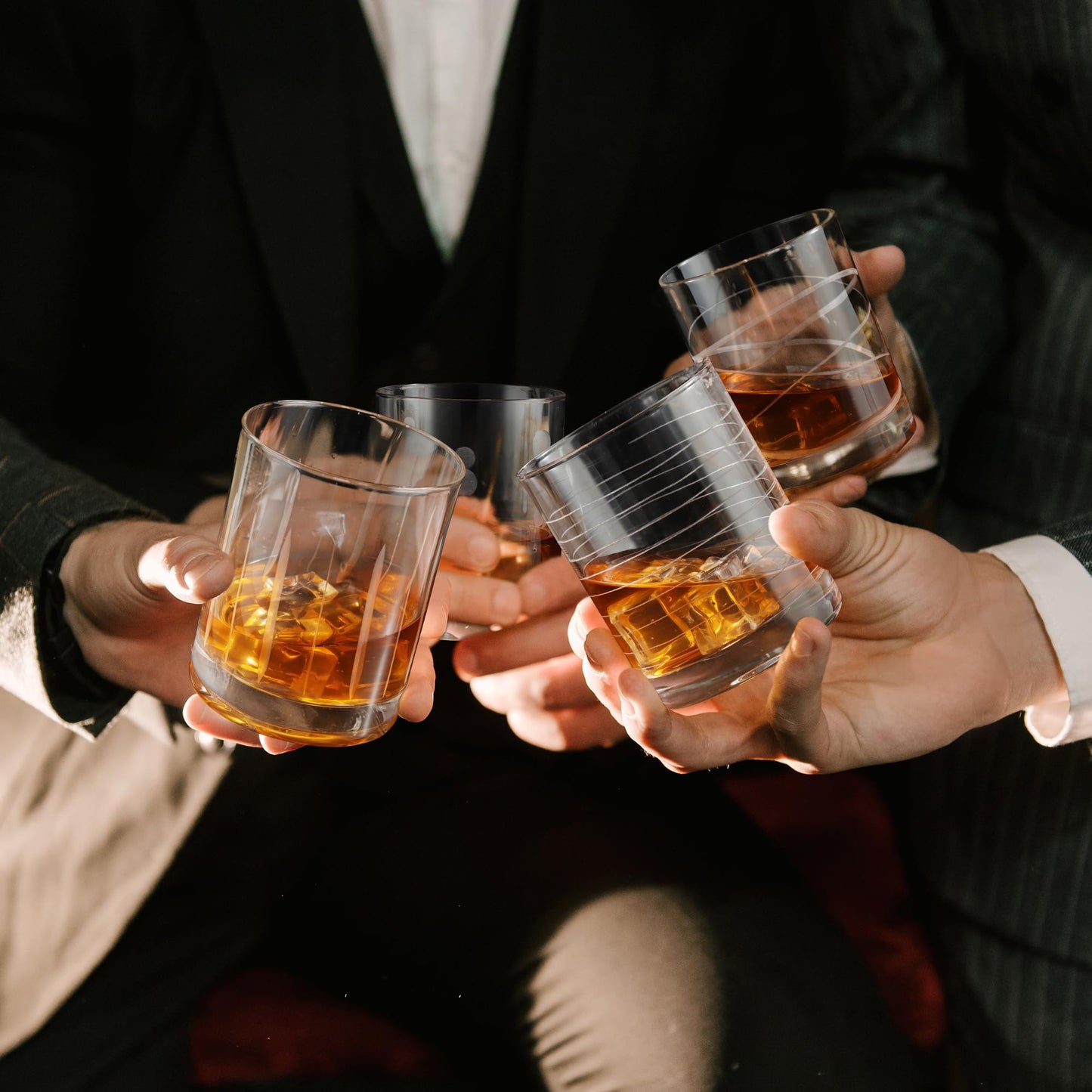 Joeyan Hand Blown Etched Whiskey Glasses,Old Fashioned Tumblers with Stripes Dots Pattern,Clear Carved Rocks Glasses,Scotch Bourbon Glassware for Party Anniversary,13.5 oz,Set of 4,Dishwasher Safe