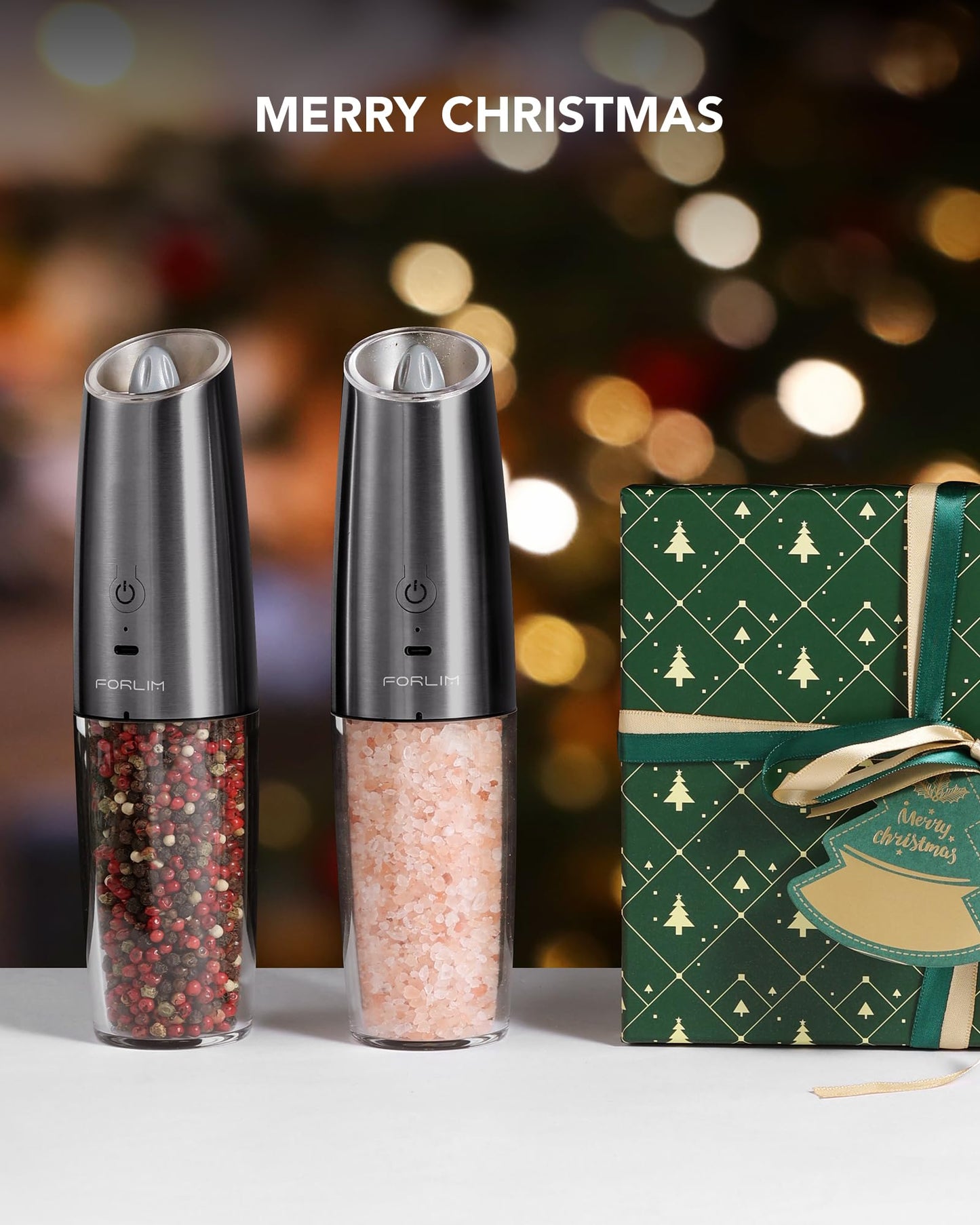 Rechargeable Electric Salt and Pepper Grinder Set, 9oz. Large Capacity Automatic Pepper Mill, Gravity One-Click Grinding One-Hand Operated, Stainless Steel Salt Grinder (Metallic Gunmetal)