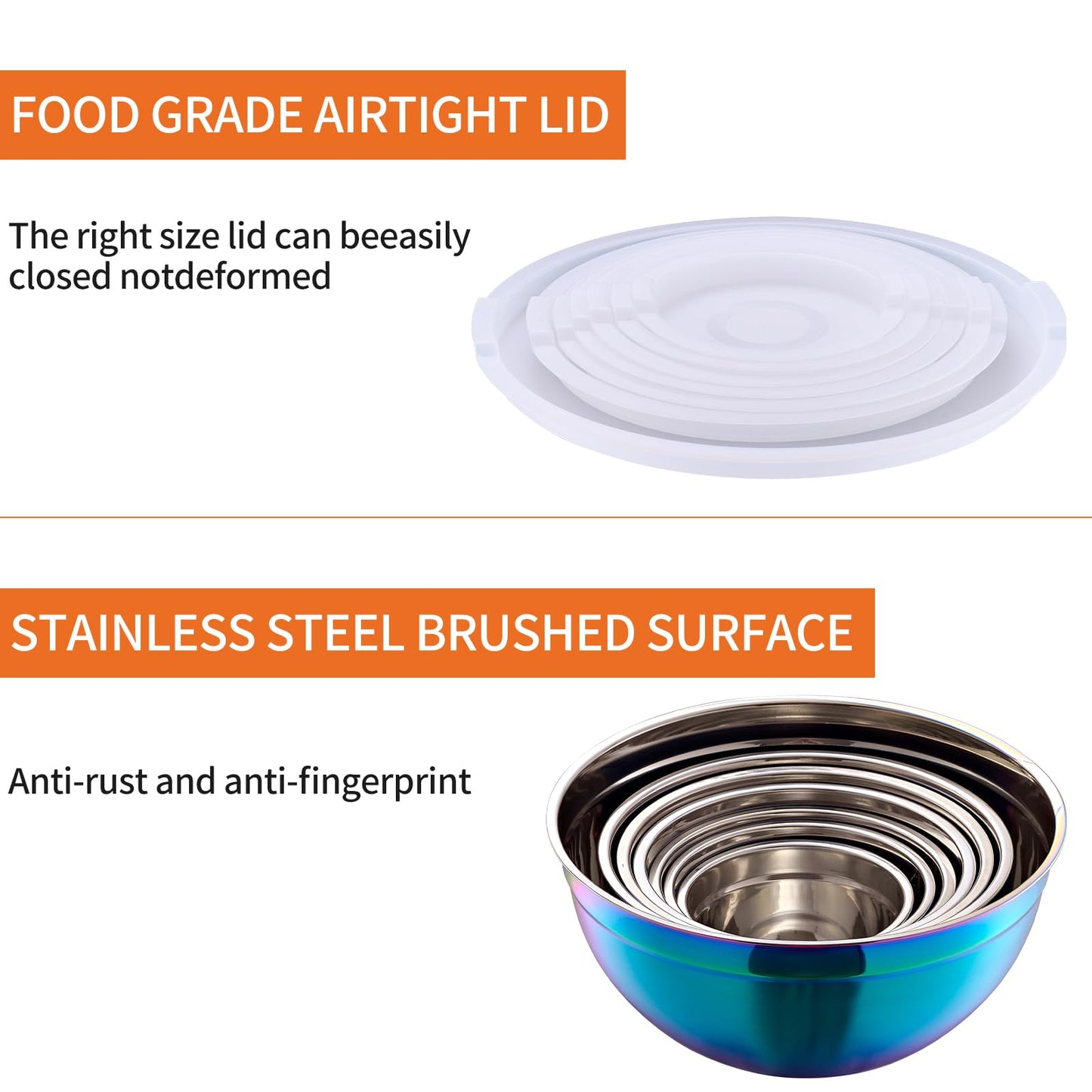 Moxinox Colorful Mixing Bowls with Airtight Lids, Stainless Steel Nesting Mixing Bowls Set of 7, Ideal for Baking, Prepping and Serving Food, Size 7, 3.6, 2.7, 2.1, 1.5, 1.1,0.8 QT, Stackable Design