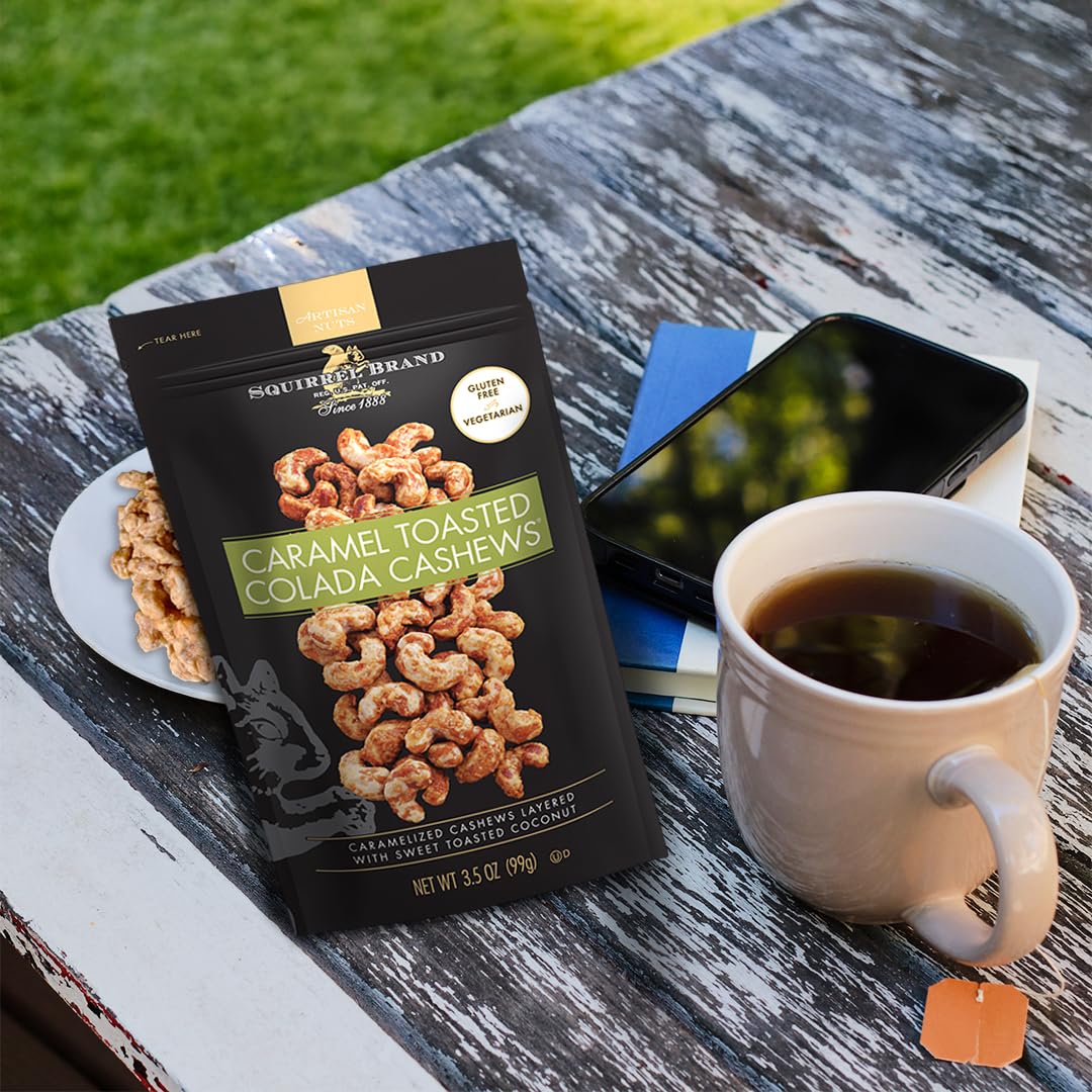 Squirrel Brand Caramel Toasted Colada Cashews 3.5 oz Resealable Bag with sweet toasted coconut, natural flavors