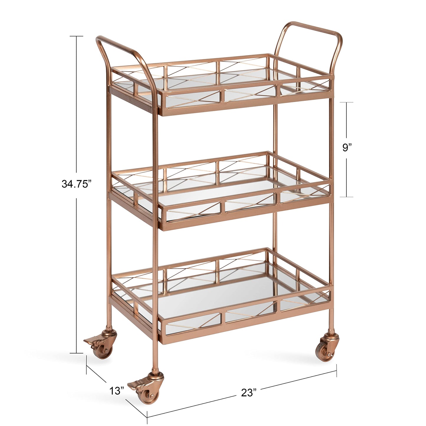 Kate and Laurel Ketia Glam Metal Bar Cart, 23 x 13 x 34, Rose Gold, Glamorous Three Tier Gold Bar Cart for Display and Storage