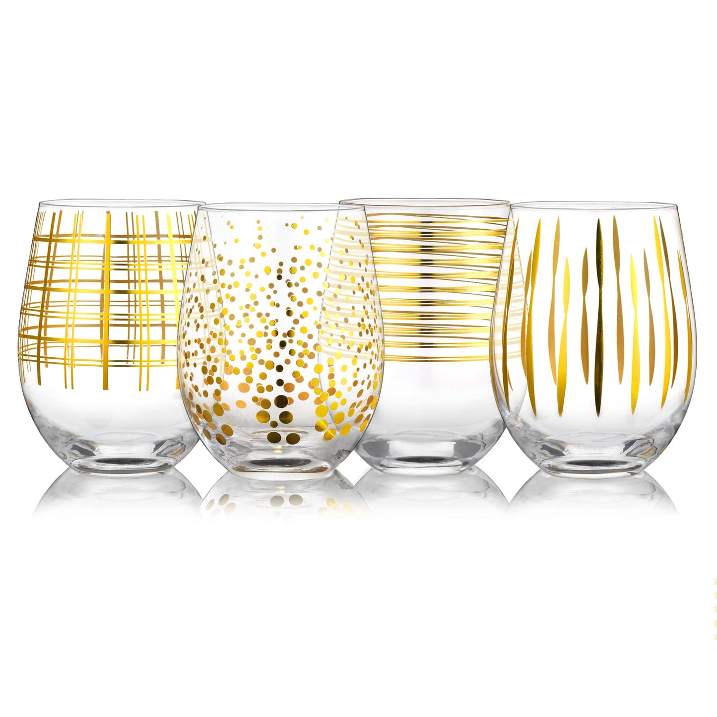 Joeyan Hand Blown Stemless Wine Glasses with Gold Dots Swirls Grids Strips Pattern for Red White Wine,Large Drinking Glass Cups,Wine Glass Tumblers for Wedding Party Home,Set of 4,17.5 oz
