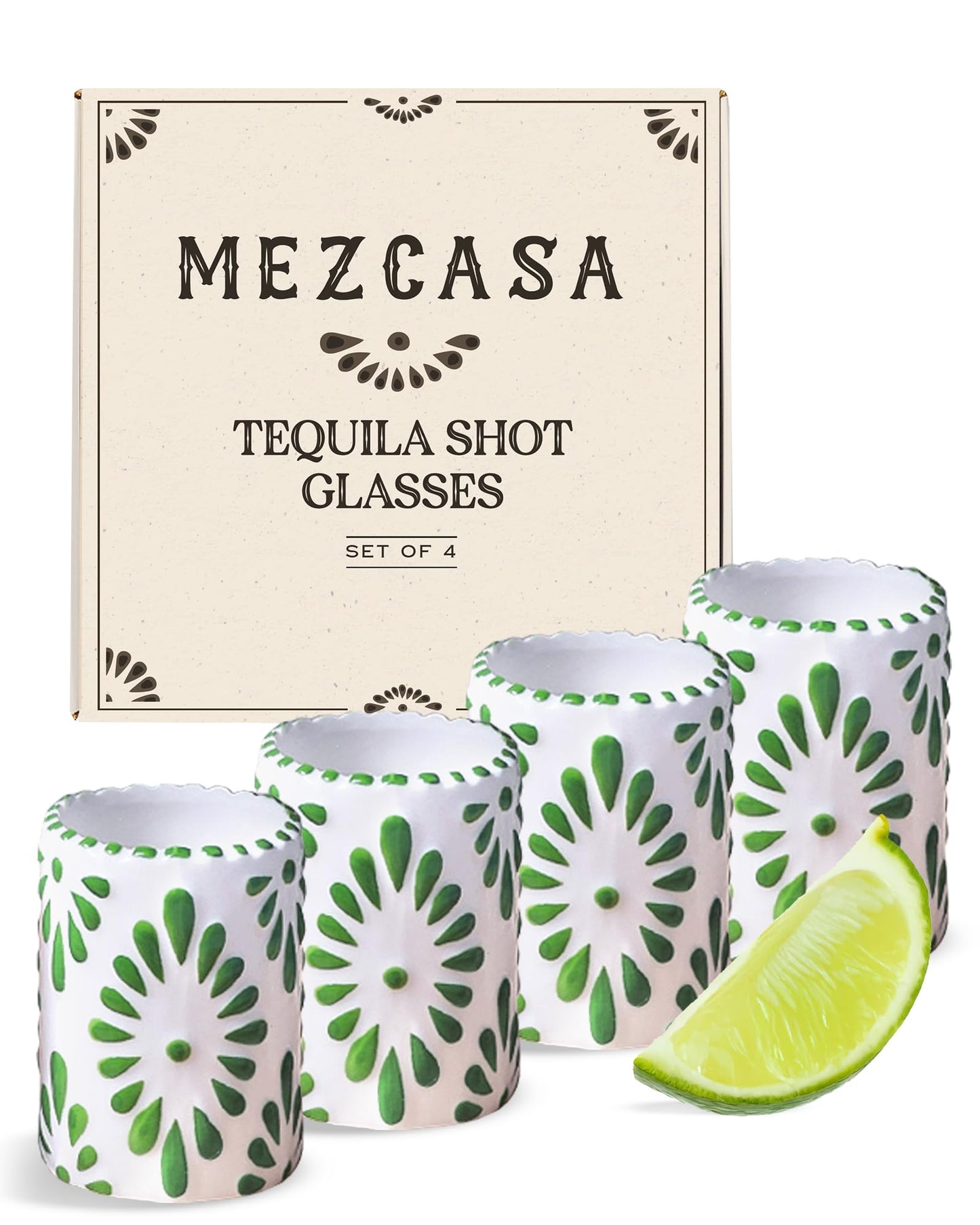MEZCASA Talavera Shot Glasses — 100% Handmade Ceramic Tequila Shot Glasses with Talavera Mexican Pottery Design — Perfect Tequila Gifts for Women & Men for Any Occasion (GREEN | SET OF 4)