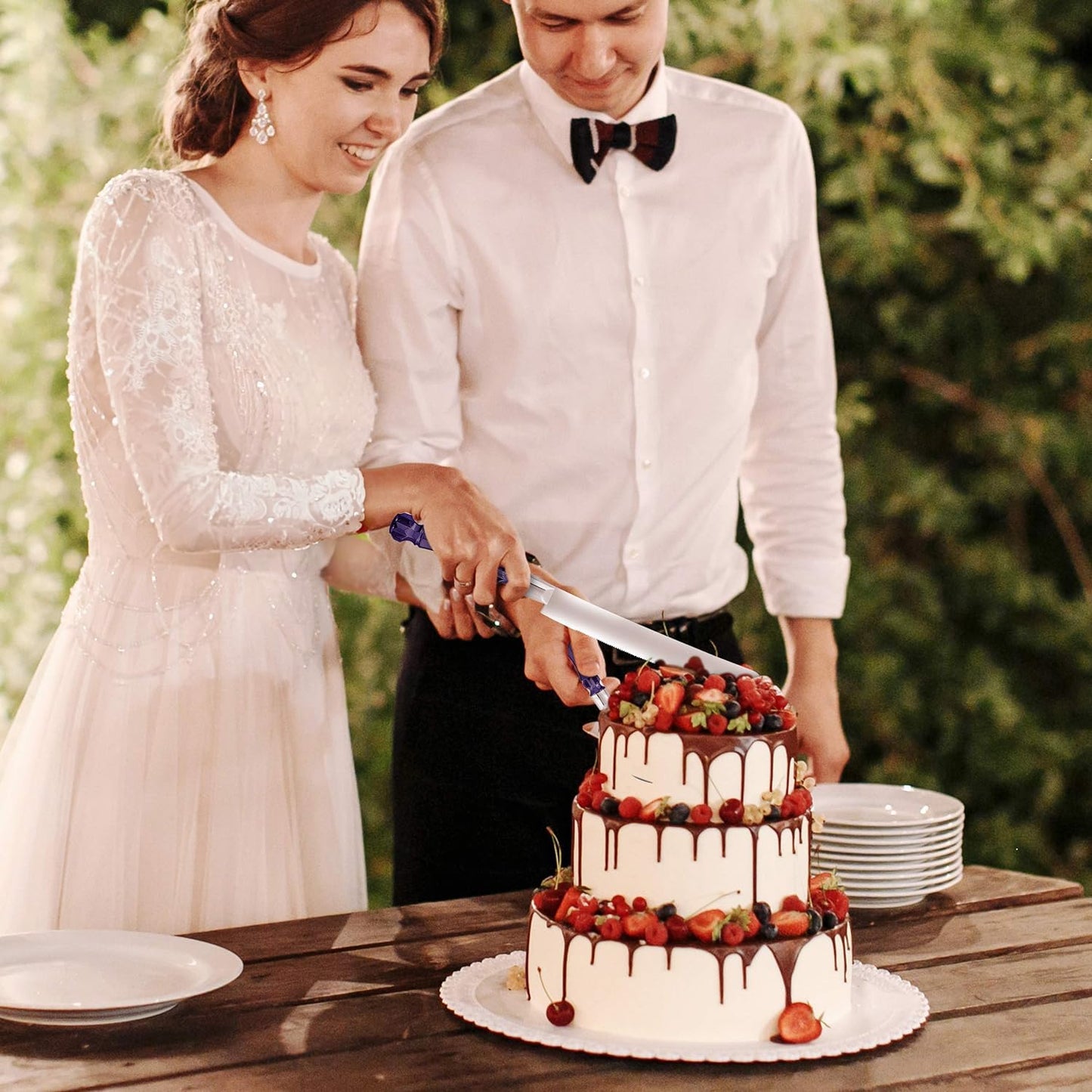 Wedding Cake Knife and Server Set Purple, Cake Cutter and Pie Spatula, Cake Server and Knife Set of 2 with Acrylic Handles, 1.2mm Thick Blades, Cutting Set for Wedding Cake, Birthdays, and Parties