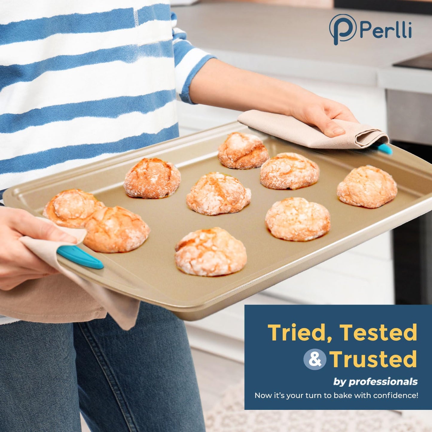 Perlli Baking Pan 10-Piece Set Nonstick Gold Steel Oven Bakeware Kitchen Set with Silicone Handles, Cookie Sheets, Round Cake Pans, 9x13 Pan with Lid, Loaf Pan, Deep Pan, Pizza Crisper, Muffin Pan