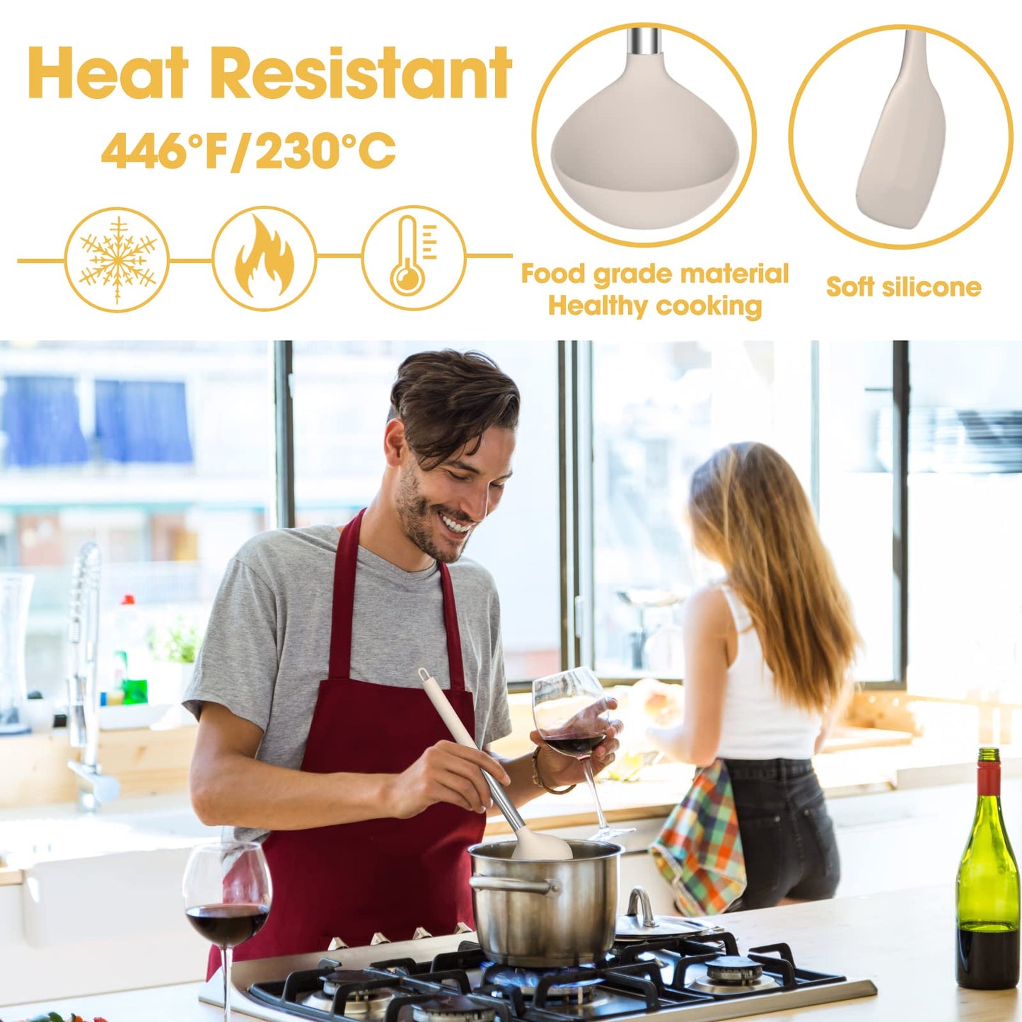 Khaki 24-Piece Silicone Cooking Utensil Set, Fungun Non-stick Kitchen Utensil 24 Pcs Cooking Utensils Set, Heat Resistant Cookware, Silicone Kitchen Tools Gift with Stainless Steel Handle (Khaki-24pcs) …