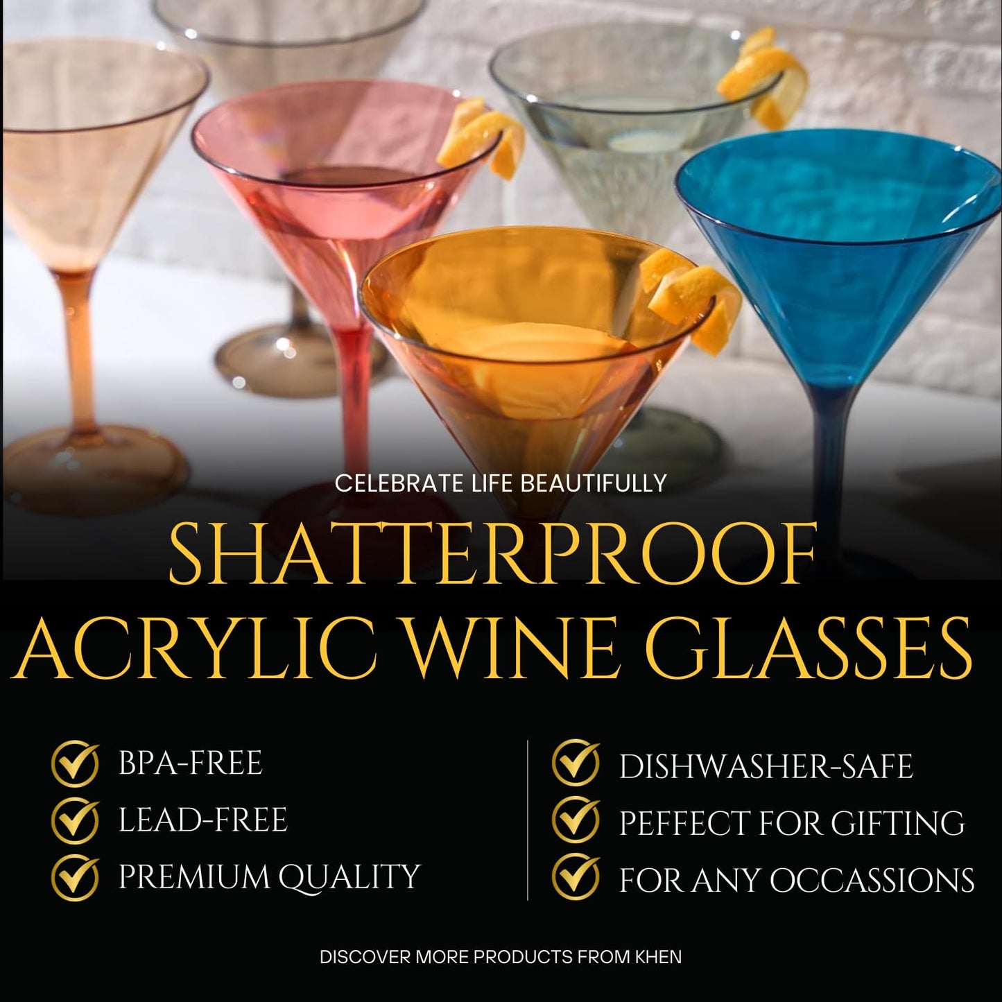 European Style Plastic Crystal Glasses, Unbreakable Martini, Cocktail | Set of 6 | Shatterproof Acrylic 100% Tritan Drinkware, Colored BPA-free, Reusable, Outdoor, Pool and Indoor, Dishwasher Safe 10 Oz.
