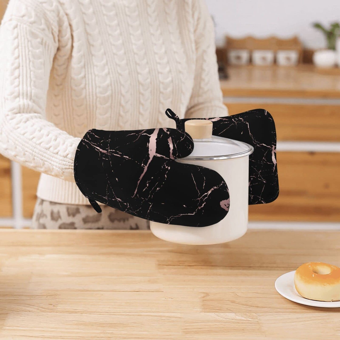 Oven Mitts and Pot Holders Rose Gold Marble Black Silicone Kitchen Accessories Set of 4 Heat Resistant Long Gloves Potholder Non-Slip Grip for Chef Cooking, Baking, Grilling, BBQ