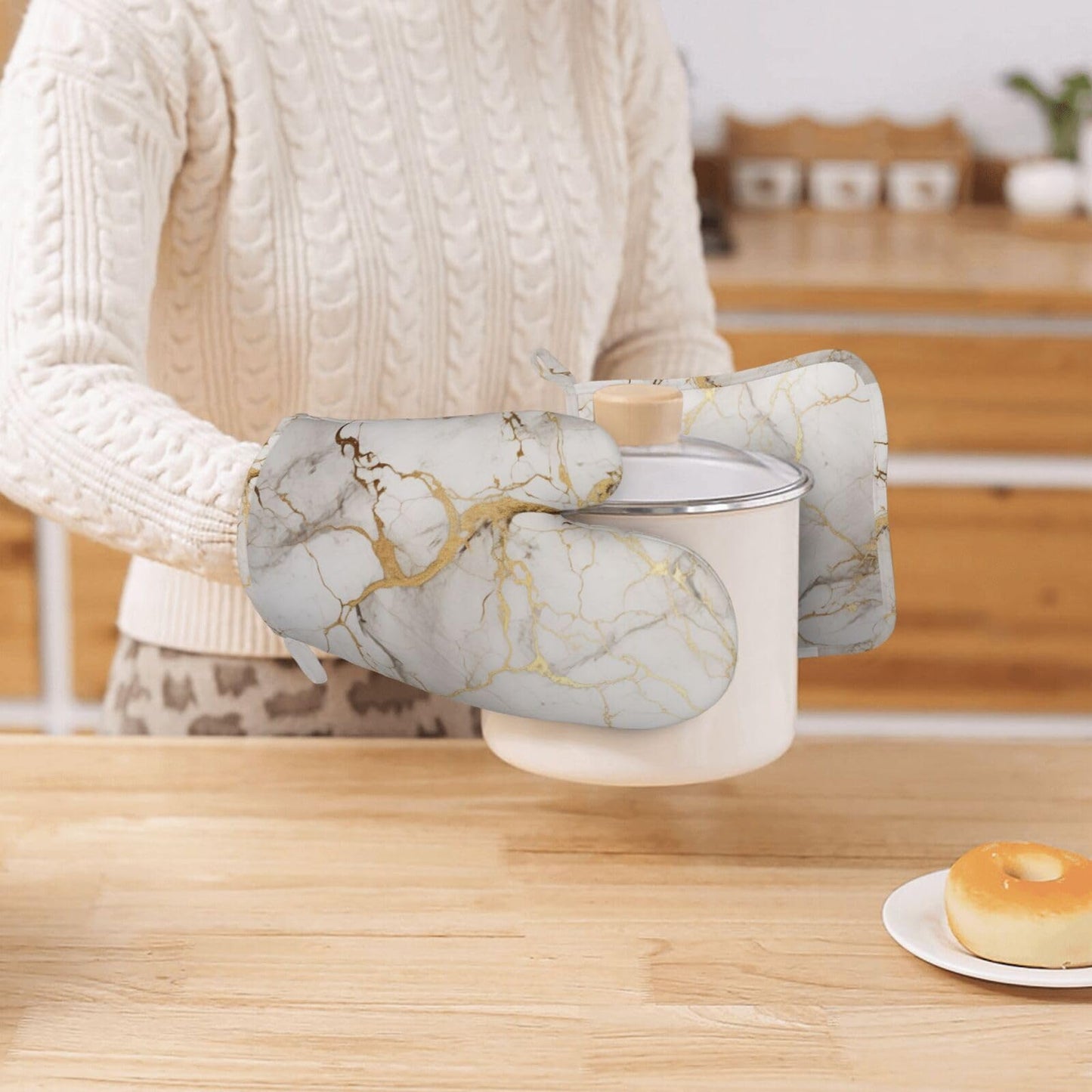 Oven Mitts and Pot Holders Marble Gray Gold White Silicone Kitchen Accessories Set of 4 Heat Resistant Long Gloves Potholder Non-Slip Grip for Chef Cooking Baking Grilling BBQ
